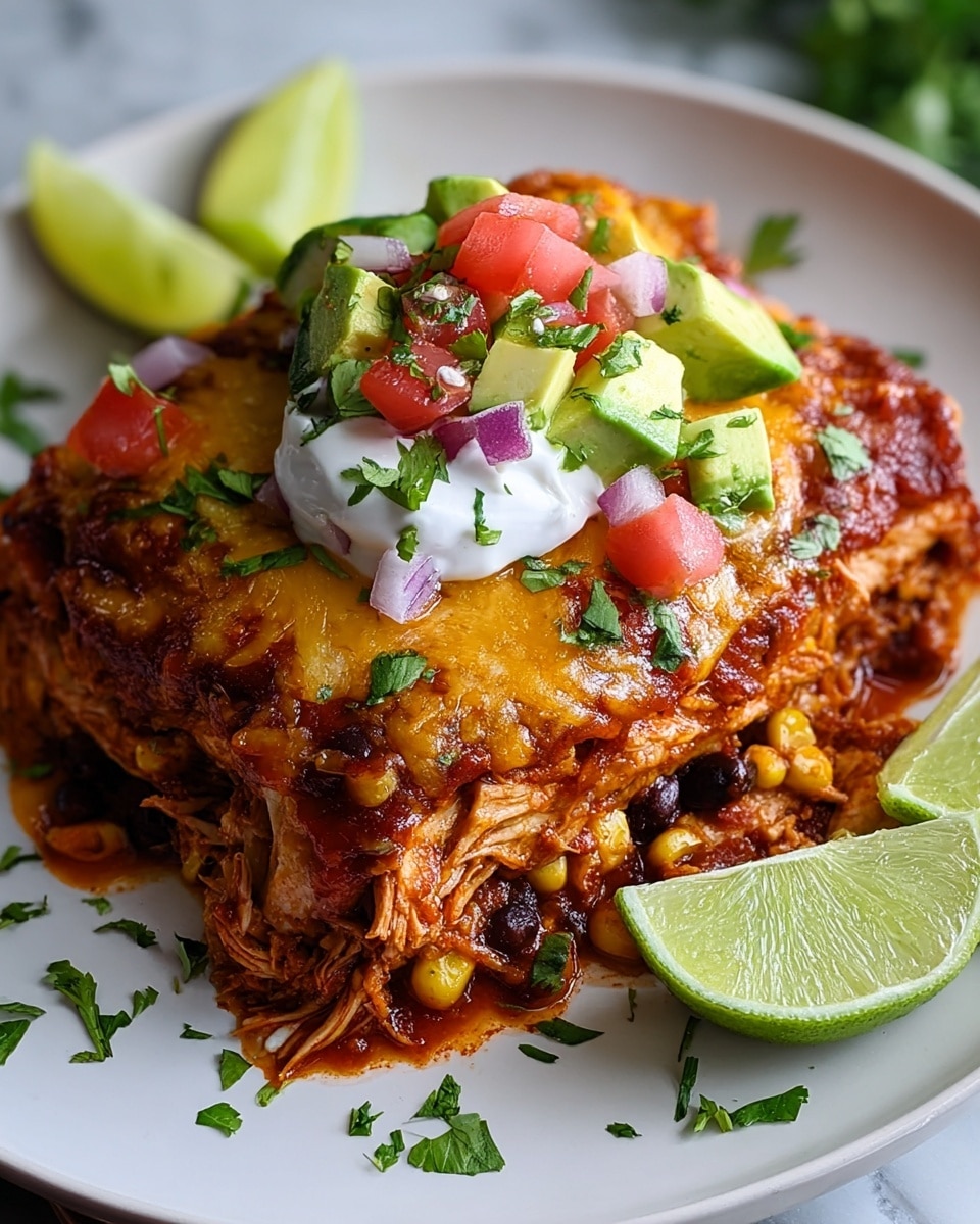 A large piece of layered cheesy lasagna is being lifted out of a white baking dish with a silver spatula, showing about six layers of soft pasta in between thick layers of golden melted cheese and rich, orange-brown sauce with shredded chicken. On top of the lasagna slice, there are small diced red tomato pieces and fresh green cilantro leaves scattered for garnish. The lasagna has a slightly browned, bubbly melted cheese crust on top, and the white baking dish underneath holds more lasagna with the same colors and garnishes visible. The setting includes a white marbled surface and a blurred red-orange background. photo taken with an iphone --ar 4:5 --v 7