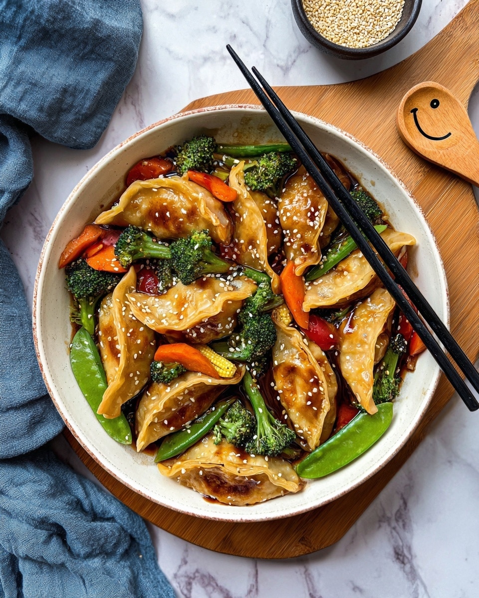 A white bowl filled with about ten golden-brown fried dumplings on top of a mix of bright green broccoli florets, dark green snap peas, light yellow baby corns, orange carrot slices, and thin green beans. The entire dish is coated in a glossy, dark brown sauce and sprinkled with small white sesame seeds, with a pair of black chopsticks resting on the bowl’s edge. The bowl sits on a wooden board placed over a white marbled surface, and a small wooden spoon with a smiley face carved on it is partially visible at the top right. A small dark bowl filled with sesame seeds is near the top left corner, and a blue cloth is draped on the bottom left. photo taken with an iphone --ar 4:5 --v 7