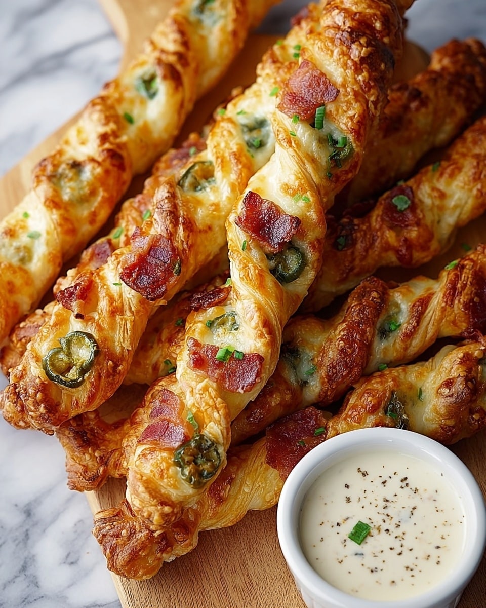 The image shows a close-up of several golden-brown twisted pastry sticks, arranged closely together on a wooden board placed on a white marbled surface. Each pastry stick has a flaky, crispy outer layer with melted cheese that is bubbly and browned in spots, adding texture. Inside the twists, slices of green jalapeño and small pieces of crispy reddish-brown bacon are visible, along with some sprinkled chopped green herbs on top for color contrast. On the right side of the board, a white ramekin holds creamy white dipping sauce with tiny black pepper specks. The overall presentation highlights the layered texture and appetizing golden colors of the savory sticks. photo taken with an iphone --ar 4:5 --v 7