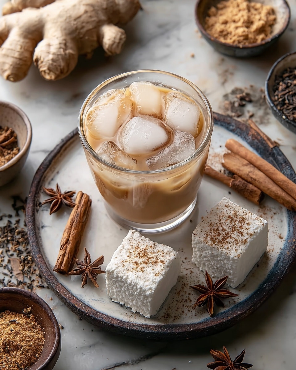 A clear glass mug filled with three visible layers starting with a dark brown layer of coffee at the bottom, followed by a creamy light brown middle layer, topped with a thick, fluffy white whipped cream layer that is drizzled with caramel sauce. A small gingerbread cookie with white icing decoration is perched on the rim of the mug. The mug sits on a wooden board surrounded by gingerbread cookies, golden Christmas ornaments, and small snow-covered miniature trees on a white marbled surface. The background is dark and blurred, adding to the cozy holiday atmosphere. Photo taken with an iphone --ar 4:5 --v 7