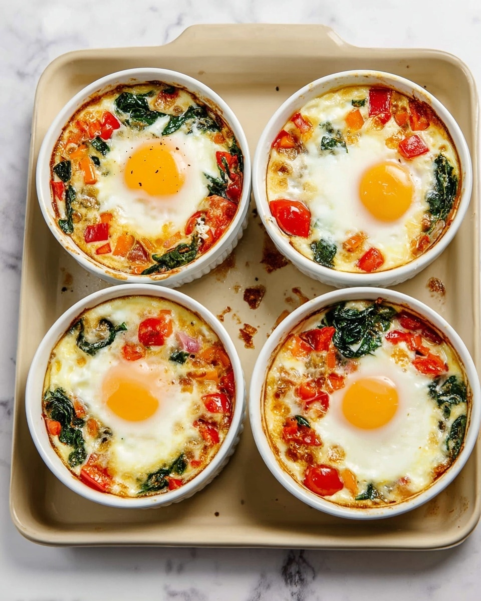 The image shows four white round baking dishes arranged evenly on a beige tray, placed on a white marbled surface. Each dish contains a baked egg with a soft white layer and a visible runny light orange yolk in the center. Surrounding each egg is a colorful mixture of cooked vegetables, including bright red cherry tomatoes, dark green leafy spinach, and finely chopped pieces of orange and red bell peppers. The edges of the egg whites are slightly browned, blending into the vegetable layers, giving a warm, fresh, and vibrant look. The tray has a few scattered bits of cooked vegetables, adding to the natural homemade feeling. photo taken with an iphone --ar 4:5 --v 7