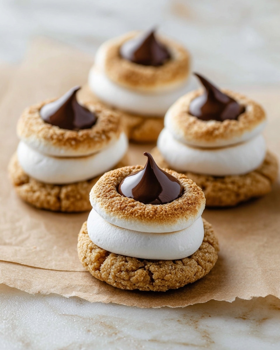 The image shows four stacked treats laid in a line on a piece of light brown parchment paper with a white marbled surface underneath. Each treat has three layers: a round golden-brown cookie base textured with crumbs, a thick, slightly toasted white marshmallow ring on top of the cookie, and a dark brown, smooth chocolate kiss placed in the hollow center of the marshmallow. The marshmallows have a light brown toasted edge, giving a warm contrast to their soft white part. The arrangement is slightly diagonal and the lighting highlights the shiny surface of the chocolate and the soft texture of the marshmallow. photo taken with an iphone --ar 4:5 --v 7