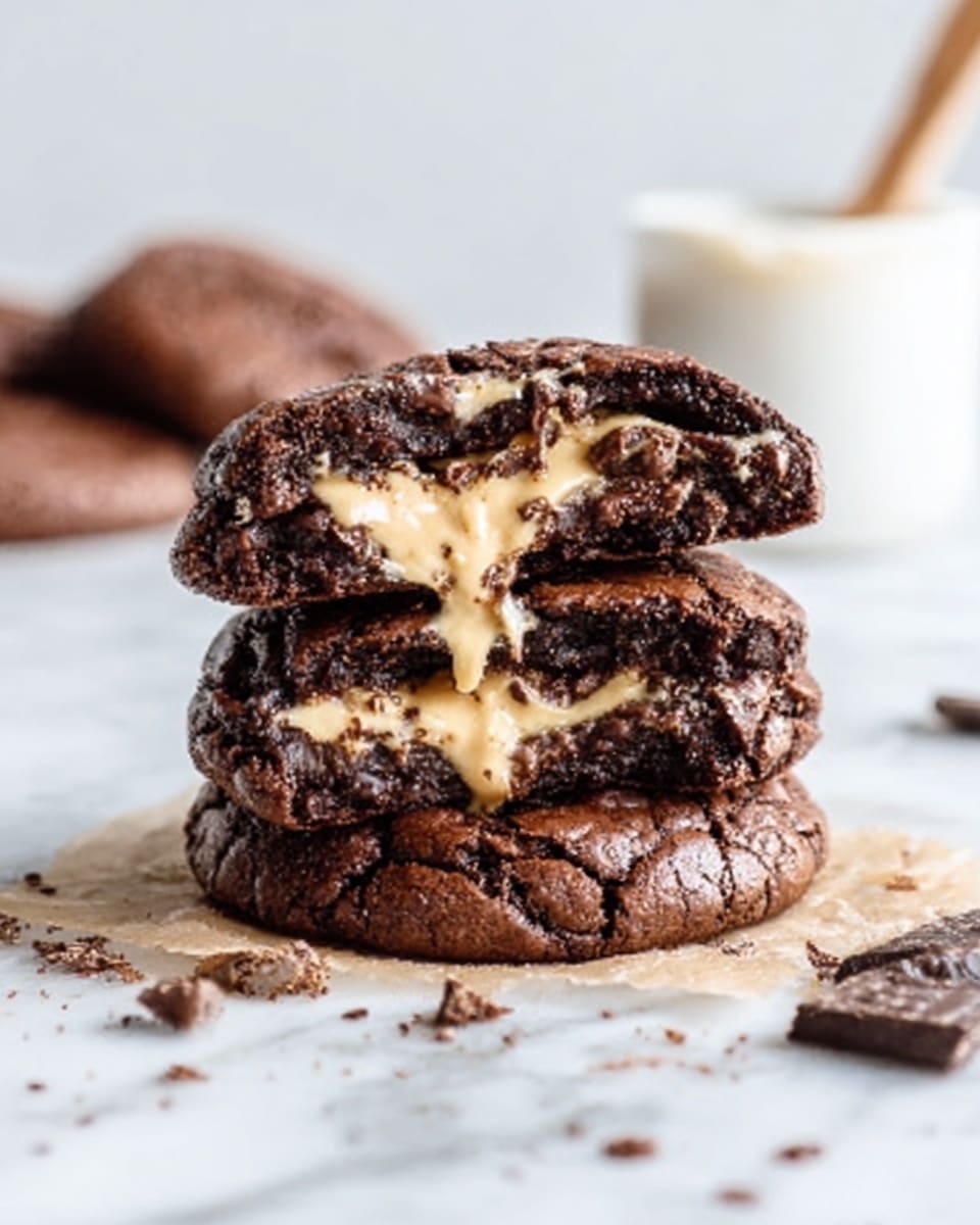 This image shows a group of rich, dark brown chocolate cookies with a crackled texture, lightly mixed with swirls of creamy caramel. Each cookie has a rough, uneven surface, showing the soft caramel peeking through the cracks. One cookie is broken in half, placed on top of another, revealing a gooey interior with caramel strands. They are laid together on a wooden board with natural wood grain. The color contrast between the dark cookies and light caramel swirls is clear, making the cookies look soft and chewy. Photo taken with an iphone --ar 4:5 --v 7