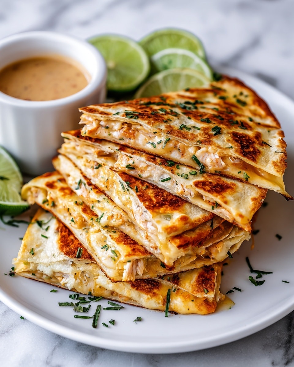 The image shows six golden-brown quesadillas with a slightly crispy texture, folded in half and arranged on a white baking tray with some melted cheese and bits of corn spilling out around them. To the right, there are three small white bowls and a white plate on a white marbled surface; one bowl contains chunky red salsa, another has two lime wedges, and the plate holds fresh green avocado slices and a small bunch of cilantro. The colors are warm and natural, highlighting the toasted quesadilla crust and the vibrant green and red of the sides. Photo taken with an iphone --ar 4:5 --v 7