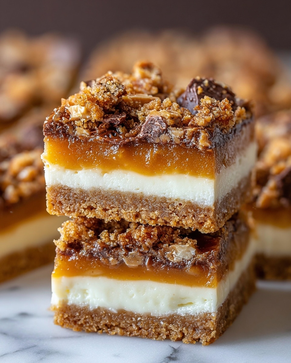 The image shows two square dessert bars stacked on a dark plate, set on a white marbled surface. Each bar has four visible layers: the bottom layer is a crumbly, brown crust, topped by a thick caramel layer mixed with small white chunks, possibly marshmallows. Above that is a fluffy white cream layer, and the top layer has several chunks of smooth, light brown caramel pieces. The bars have a slightly messy, crumbly texture on the sides with some loose crumbs around. Photo taken with an iphone --ar 4:5 --v 7