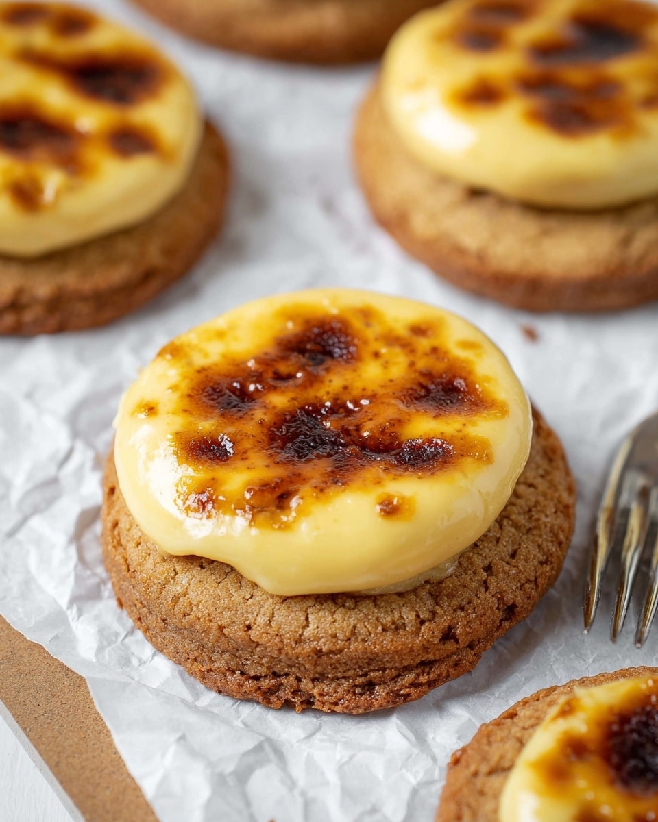 The image shows several small, round pastries on a metal cooling rack placed on a white marbled surface. Each pastry has two visible layers: the bottom layer is a light beige, crumbly, and slightly cracked dough, while the top layer is a smooth, glossy, golden brown caramelized topping with a burnt spot in the center. The pastries are close to each other, with the focus on the front one, showing texture details clearly. Photo taken with an iphone --ar 4:5 --v 7