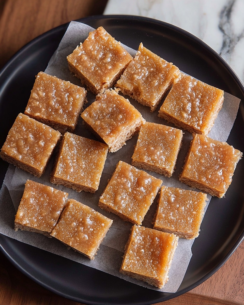 A black plate holds a sheet of parchment paper on which fifteen square-shaped treats are neatly arranged in a 3 by 5 grid. Each treat shows two visible layers: a base layer with a light brown, slightly rough texture dotted with small holes, and a glossy, translucent layer on top that looks like a sticky glaze, giving a shiny appearance. The plate rests on a white marbled surface that contrasts with the warm colors of the treats. Photo taken with an iphone --ar 4:5 --v 7