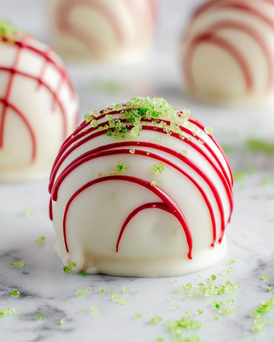A round white chocolate ball sits on a flat white base layer, smooth and slightly shiny, topped with thin red icing lines draped in an irregular pattern from top to sides. Small bright green sugar crystals are sprinkled over the ball, adding texture and color contrast. The dessert is placed on a white marbled surface scattered with the same green sugar crystals, with blurred similar balls visible in the soft background. photo taken with an iphone --ar 4:5 --v 7