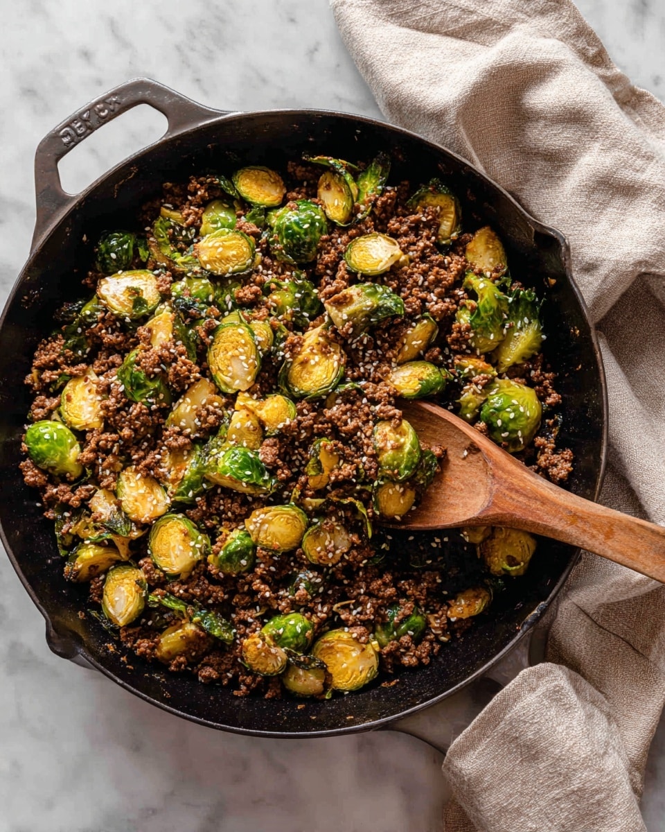A black cast iron skillet filled with two main layers: the bottom layer is ground cooked meat in dark brown color, mixed evenly with a layer of cooked Brussels sprouts cut in halves, showing golden brown seared edges and bright green insides; white sesame seeds are sprinkled on top adding small white spots throughout the mix. A wooden spoon is resting inside the skillet, with some of the mixture scooped up. In the top right corner, a beige linen cloth is softly folded. The whole scene sits on a white marbled surface. Photo taken with an iphone --ar 4:5 --v 7