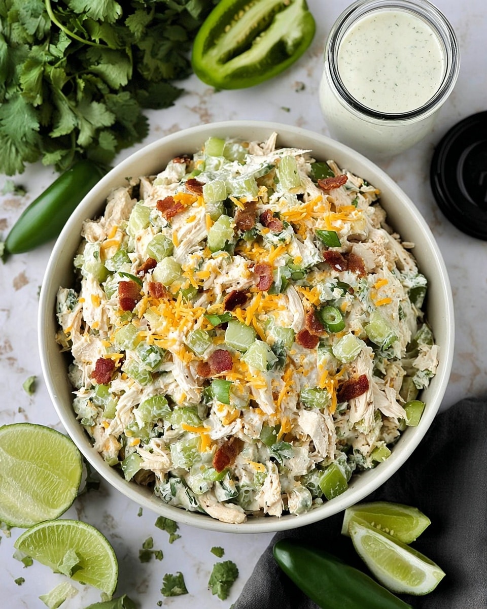 A large white bowl filled with a mixed salad featuring shredded chicken, green celery pieces, small bits of crumbled bacon, shredded orange cheese, and creamy white cottage cheese, all evenly combined and layered. The salad has a chunky texture with visible small pieces scattered throughout. The bowl sits on a white marbled surface surrounded by fresh green cilantro, halved limes showing bright green interiors, and whole dark green jalapeno peppers. Nearby is a clear container with white dressing and its black lid resting beside it. photo taken with an iphone --ar 4:5 --v 7
