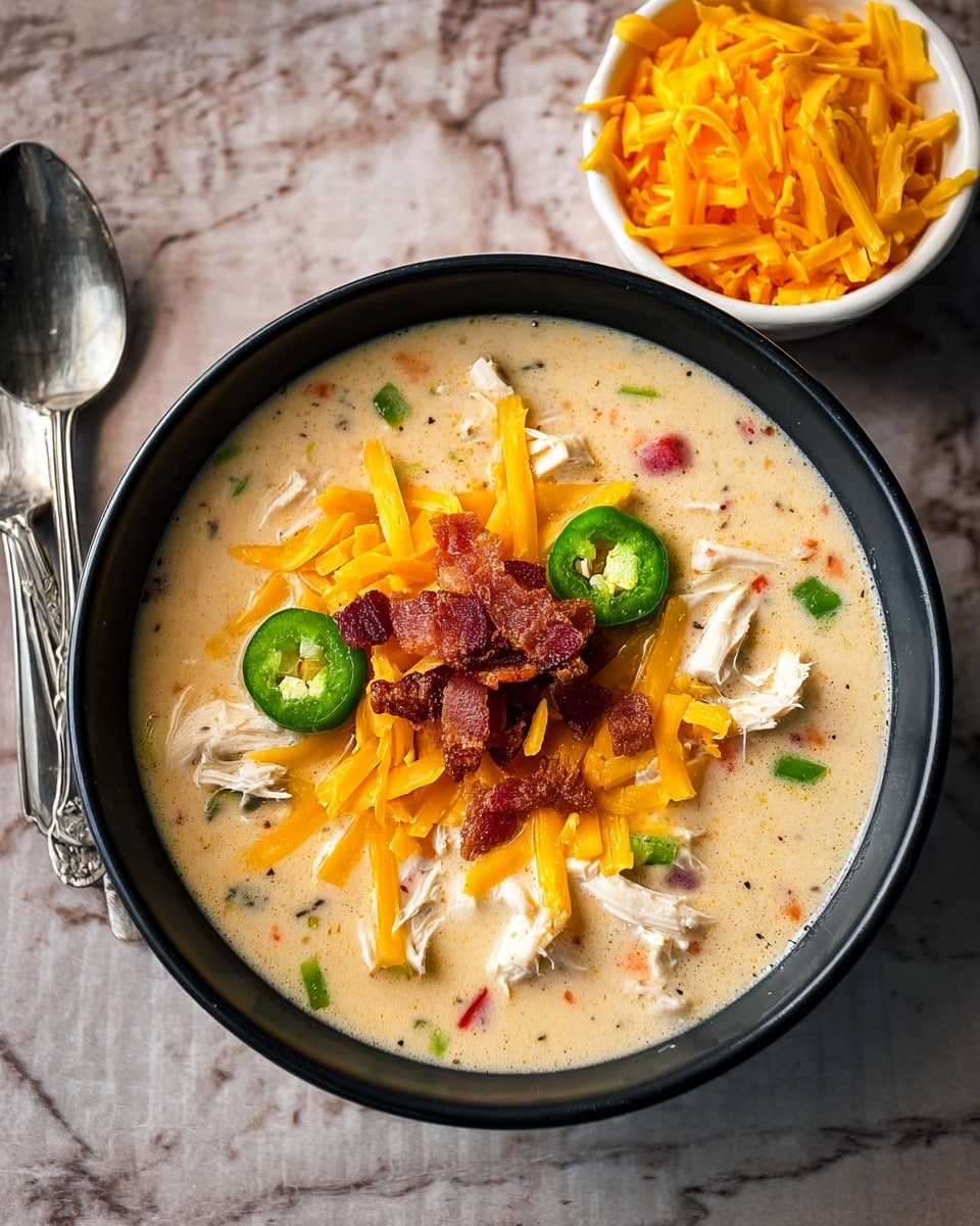 A black bowl filled with a creamy, light beige soup that contains visible chunks of white chicken and small specks of green and red vegetables. The soup is topped with several thin, bright orange shredded cheddar cheese strands scattered across the surface, two slices of green jalapeño placed near the center, and a pile of crispy, dark red bacon bits in the middle. Next to the bowl is a small white bowl with more shredded cheddar cheese, placed on a white marbled textured surface with a silver spoon slightly blurred in the background. photo taken with an iphone --ar 4:5 --v 7