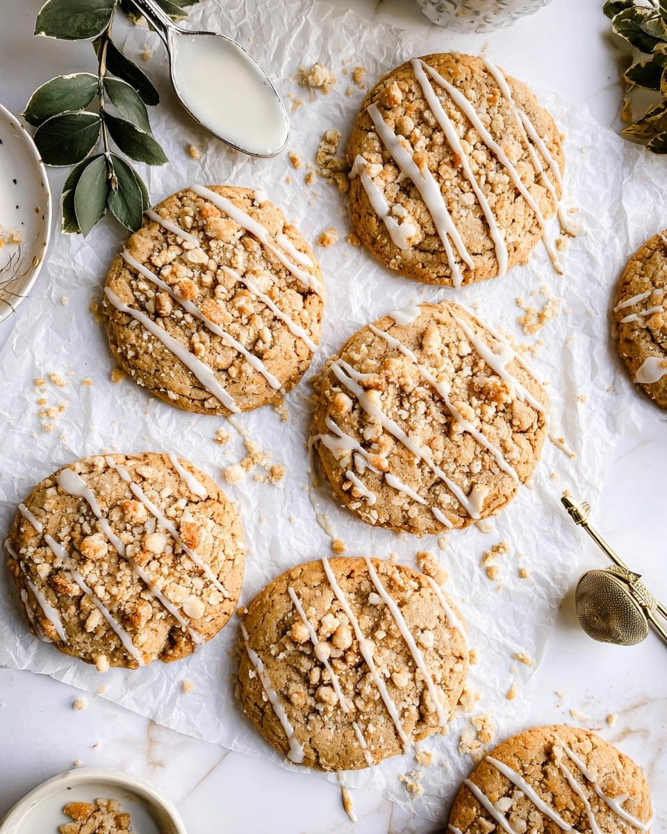 Six large round cookies lie on a white marbled texture covered with crinkled white parchment paper. Each cookie has a golden-brown base with a crumbly streusel topping scattered unevenly on top, showing light tan and beige chunks. Thin white icing is drizzled over the streusel and cookie surface in diagonal lines, adding a glossy texture. A vintage silver spoon holding thick white icing rests near the top left, alongside green leafy sprigs. A round gold tea infuser and a part of a white ceramic dish are visible at the bottom edges. Small cookie crumbs are spread around the cookies. photo taken with an iphone --ar 4:5 --v 7