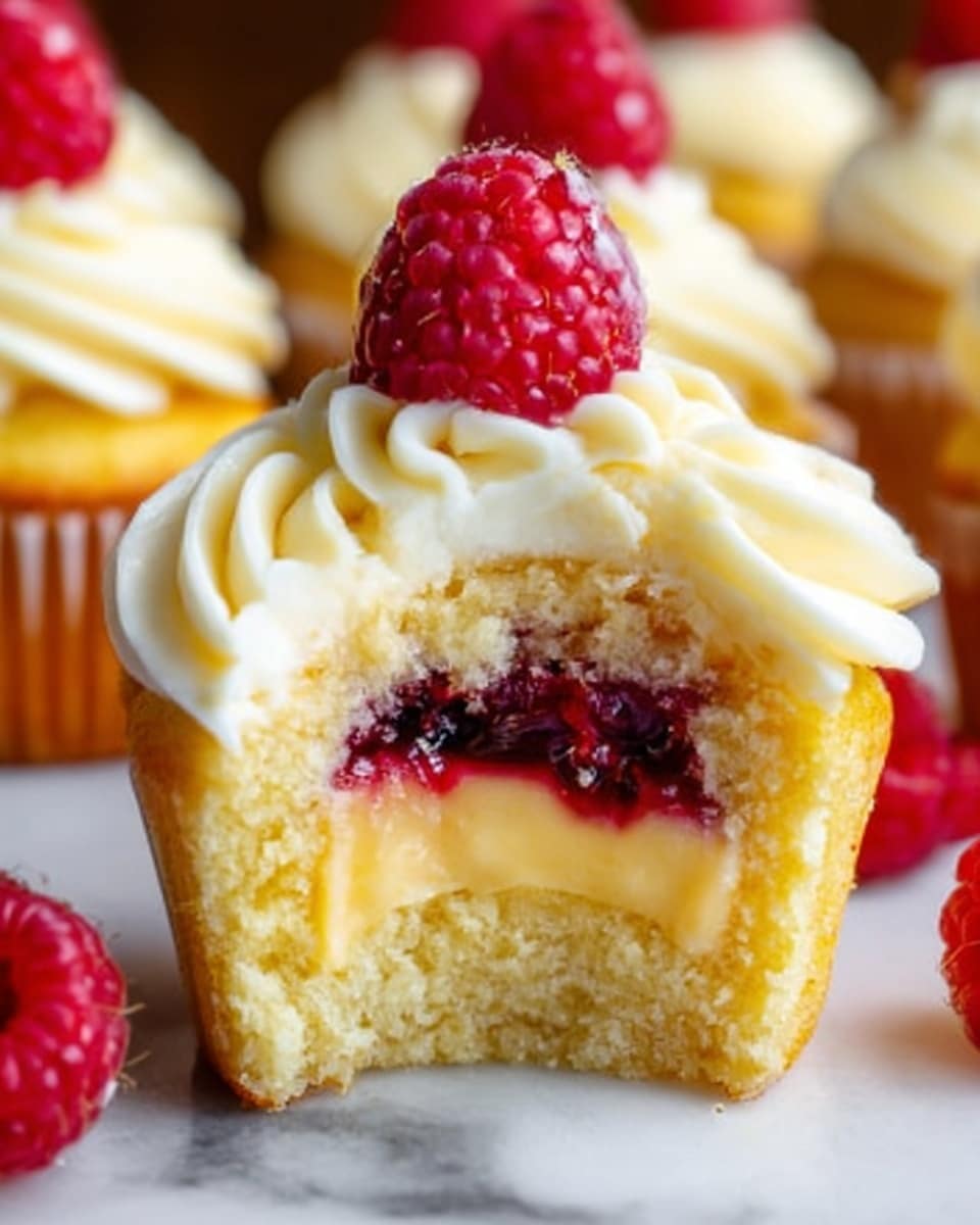 A close-up of a yellow cupcake with a bite taken out, showing three layers inside: a smooth bright yellow cream in the center, surrounded by a dark red berry jam layer, all inside the soft yellow cake. On top, white swirled frosting rises neatly, crowned with a fresh bright red raspberry. The cupcake sits on a white marbled surface with more cupcakes blurred in the background. Photo taken with an iphone --ar 4:5 --v 7