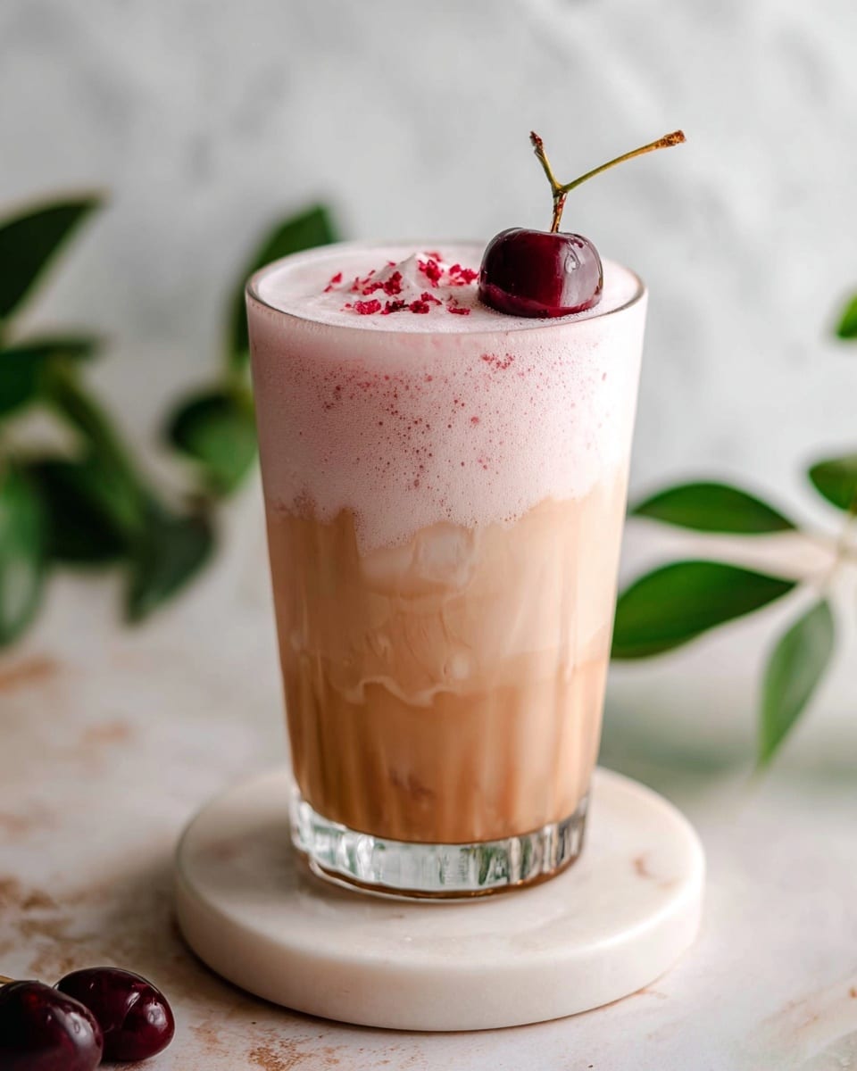 A clear glass filled with a three-layered drink sits on a white marble coaster. The bottom layer is a creamy light brown with a smooth texture, blending softly upwards. The top layer is thick, light pink foam sprinkled with small red crumbs. Resting on the foam is a single dark red cherry with a long stem. The background has a white marbled texture and some green leaves nearby. photo taken with an iphone --ar 4:5 --v 7