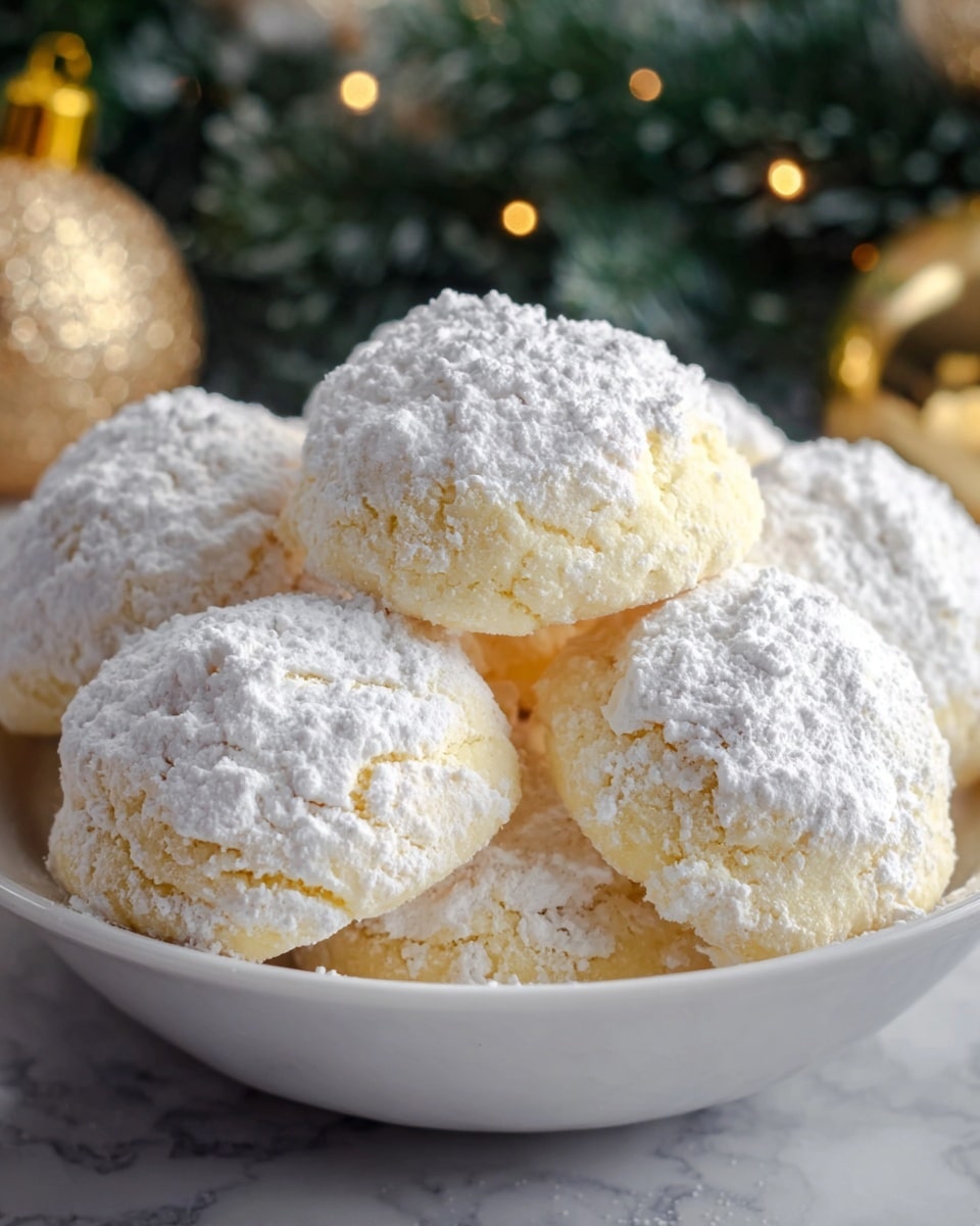 A white bowl is filled with soft, round cookies dusted heavily on top with white powdered sugar, giving them a snowy look. Each cookie has one visible layer that is pale yellow, slightly cracked, and looks tender and fluffy under the powdered sugar. The cookies sit closely together inside the bowl, and the background shows blurred dark green pine branches with some golden Christmas ornaments, creating a festive feel. The surface under the bowl is a white marbled texture. photo taken with an iphone --ar 4:5 --v 7