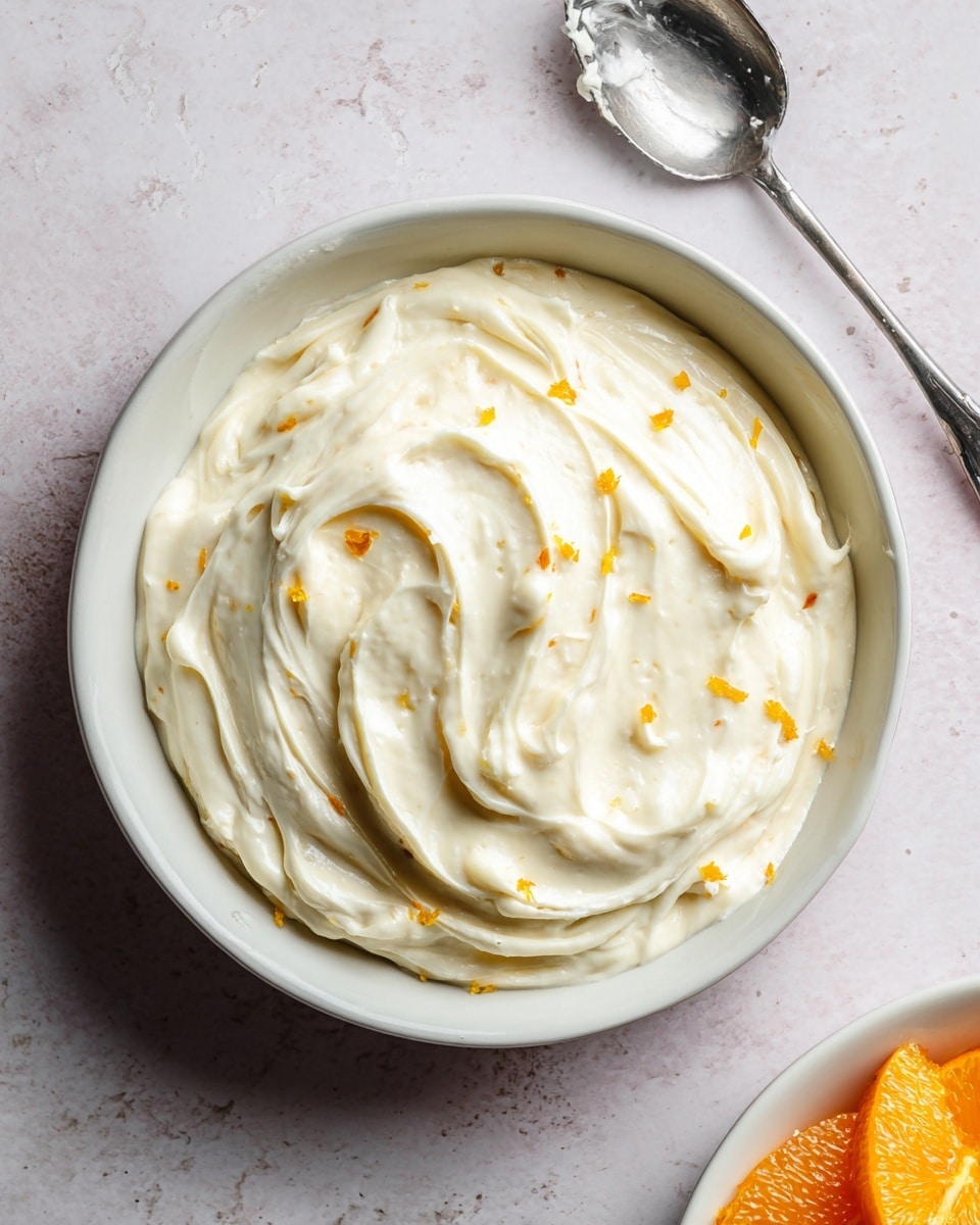 A white bowl filled with thick, creamy white frosting with small bits of orange zest mixed throughout. The frosting is swirled smoothly with peaks and soft waves visible on the surface. The bowl sits on a white marbled textured surface. To the top right of the bowl, a silver spoon with some frosting on it rests against the surface. The edge of another white bowl with orange slices is partially visible at the bottom right corner. photo taken with an iphone --ar 4:5 --v 7