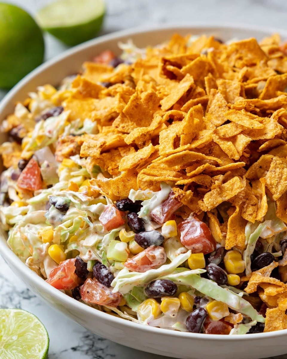 The image shows a close-up view of a white bowl filled with a three-layer salad mix. The bottom layer is shredded white cabbage, which looks crisp. The middle layer contains small cubes of red tomatoes, yellow corn kernels, and black beans, giving a mix of red, yellow, and black colors with a soft texture. The top layer is made of crushed bright orange corn chips scattered unevenly over the salad, adding a crunchy texture. There is a creamy dressing lightly coating the ingredients, making them look slightly shiny. In the background, there is a halved lime on a white marbled surface. photo taken with an iphone --ar 4:5 --v 7
