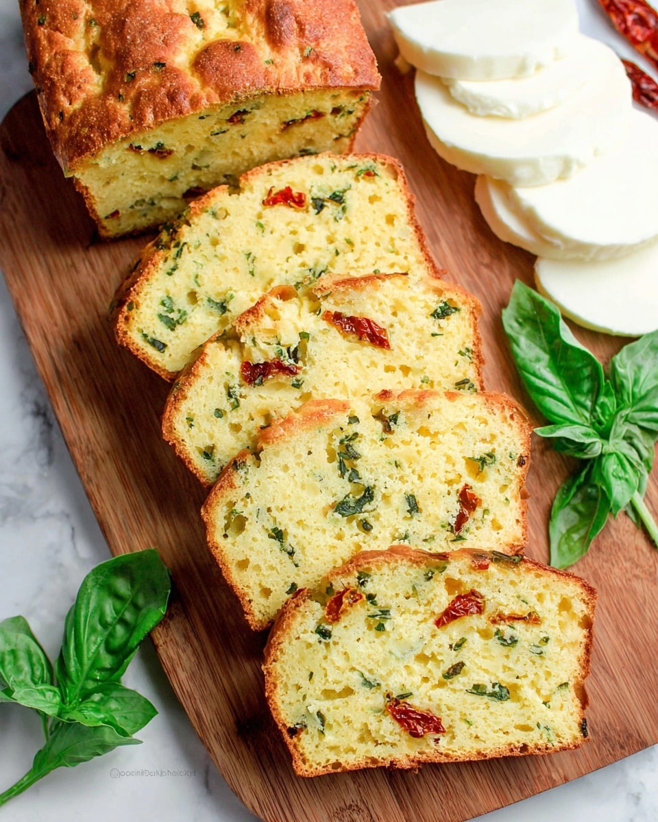 The image shows a loaf of savory bread sliced into five pieces, arranged lying flat on a wooden board. The bread has a light golden brown crust and a soft yellow inside with visible green herbs and small red sun-dried tomato pieces scattered evenly throughout each slice. To the right of the bread, there are some white mozzarella cheese slices stacked next to fresh green basil leaves, placed on the white marbled textured surface. The overall scene is bright with natural light, highlighting the texture and colors of the bread and fresh ingredients photo taken with an iphone --ar 4:5 --v 7