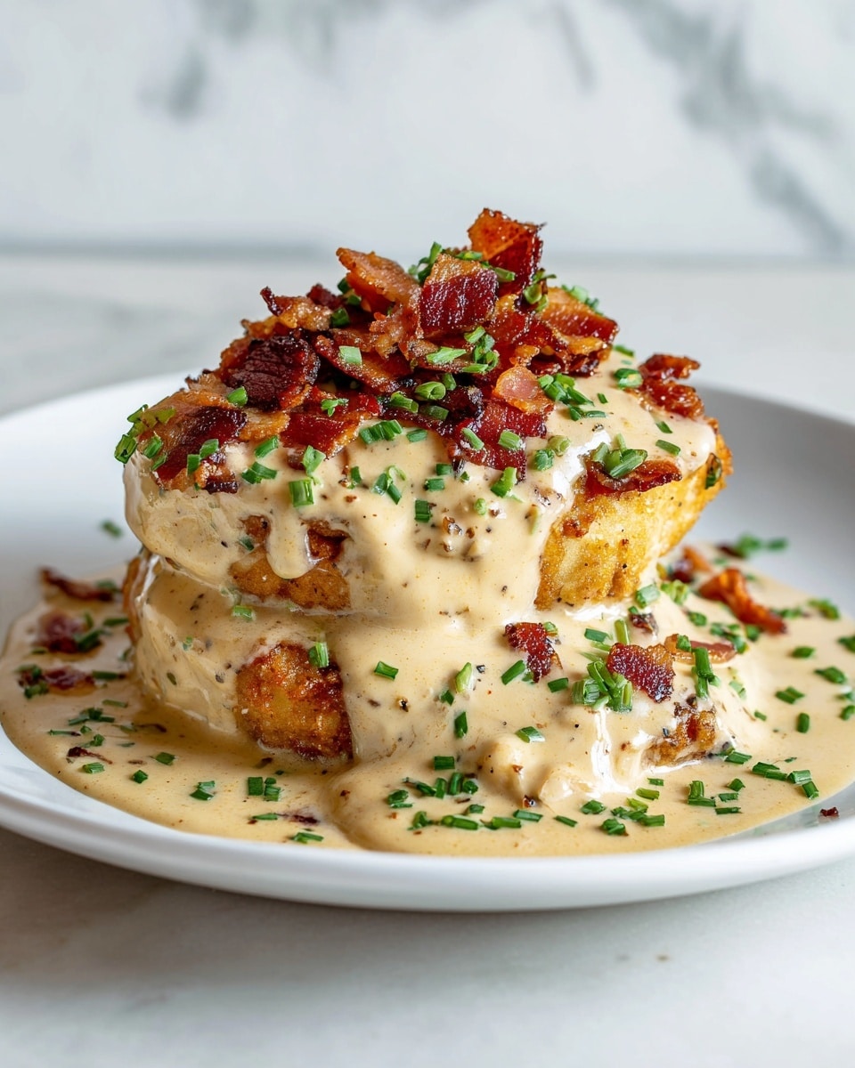 The dish shows two thick pieces of golden-brown fried chicken layered on a white plate. The chicken is covered with a smooth, creamy light beige sauce that slowly drips down the sides. On top of the sauce, there are crispy, dark reddish-brown bacon bits scattered over the chicken. Small pieces of fresh green chopped chives are sprinkled all over the sauce and bacon, adding a pop of color. The texture contrasts between the crunchy chicken skin, the creamy sauce, and the crisp bacon pieces are clear. The background is a soft white marbled texture. photo taken with an iphone --ar 4:5 --v 7