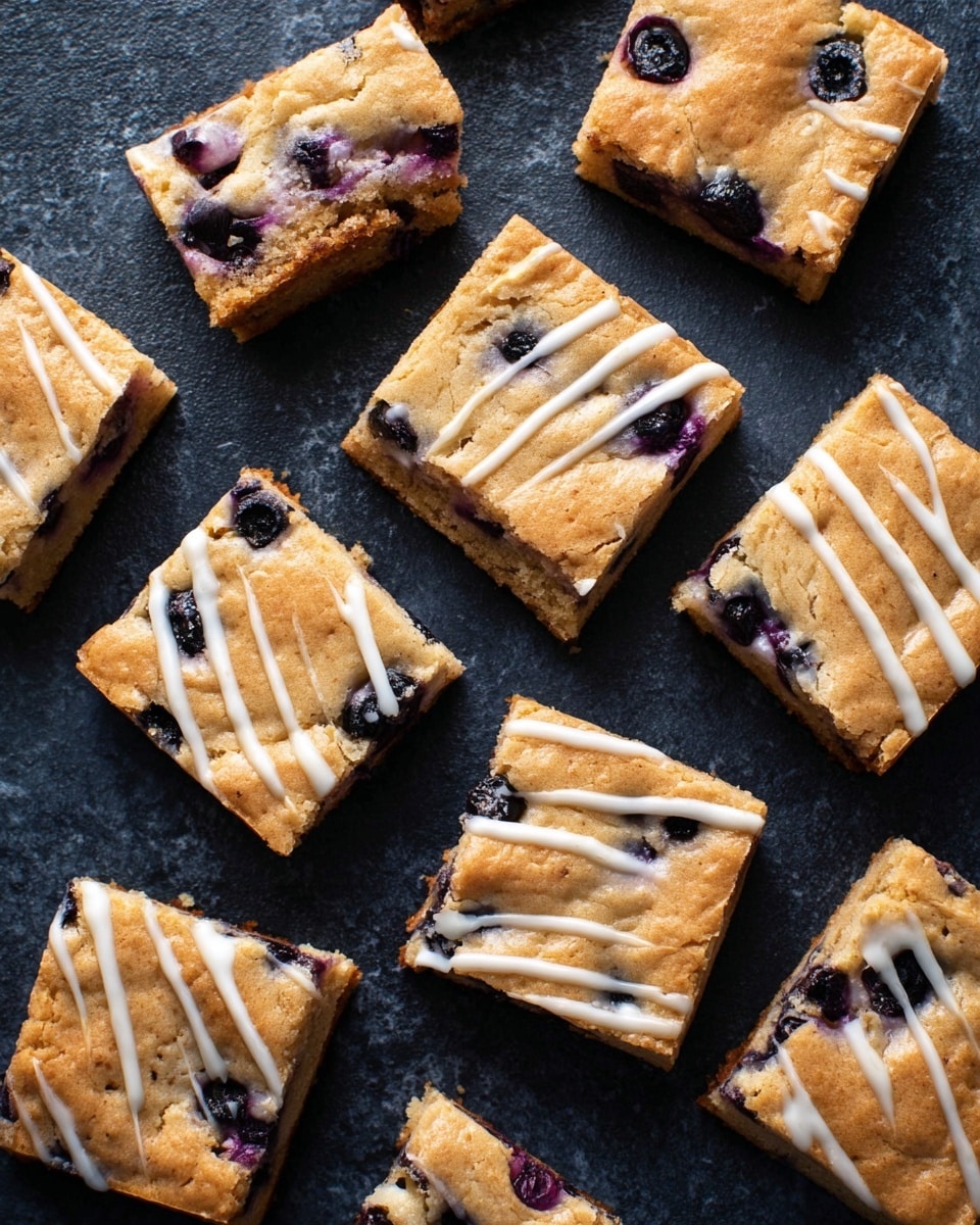 Square blueberry blondies are spread out on a dark, black textured surface. Each blondie has a golden-brown top layer with slight cracks and visible blueberries embedded inside. Some squares are decorated with thin white icing lines drizzled diagonally across the top. The texture of the blondies looks soft and moist, with blueberries adding deep purple spots throughout. The image is taken from above, showing multiple pieces evenly spaced. Photo taken with an iphone --ar 4:5 --v 7