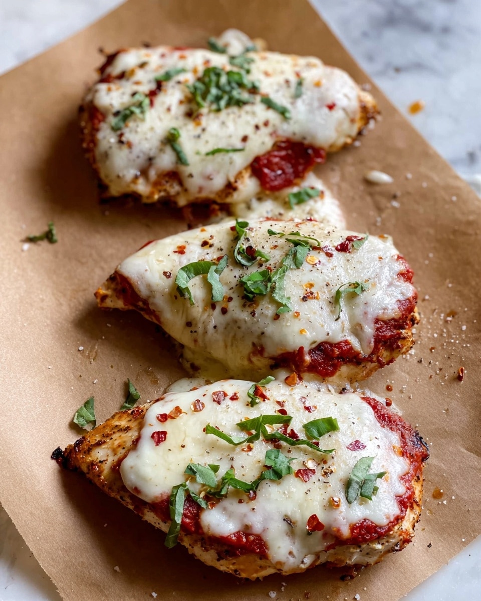 Three pieces of grilled chicken breast are placed on brown parchment paper over a white marbled surface. Each piece is topped with a layer of red tomato sauce, covered by a thick layer of melted white cheese that has a slightly bubbly texture. On top of the cheese, there are scattered small green herb leaves and some red chili flakes. The chicken pieces have a golden brown edge visible under the toppings. Photo taken with an iphone --ar 4:5 --v 7