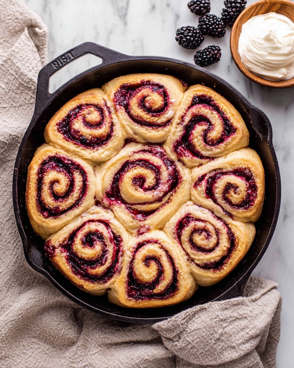 A round cast iron pan holds twelve soft cinnamon rolls with a visible swirl of dark red berry filling in each. The rolls are golden brown on the outside and arranged tightly in a circular pattern, filling the pan. A few blackberries and a small wooden bowl with white cream sit nearby on a white marbled surface, next to a loosely folded light beige cloth. The berry filling in the rolls contrasts with the pale dough, while the pan's dark metal edges frame the warm pastries. photo taken with an iphone --ar 4:5 --v 7