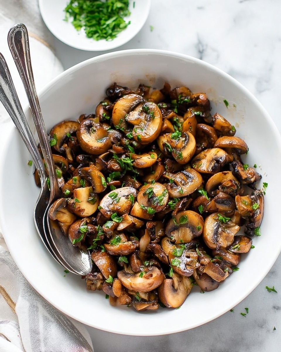 A white bowl filled with cooked mushroom pieces, each cut into halves or quarters, showing a mix of golden brown and dark brown colors with a shiny texture from cooking. Small pieces of green herbs are sprinkled all over the mushrooms, adding a fresh touch. Two silver serving spoons rest inside the bowl on the left side. In the background, a small white bowl with more herbs sits on a white marbled surface. The scene is bright and clean. photo taken with an iphone --ar 4:5 --v 7