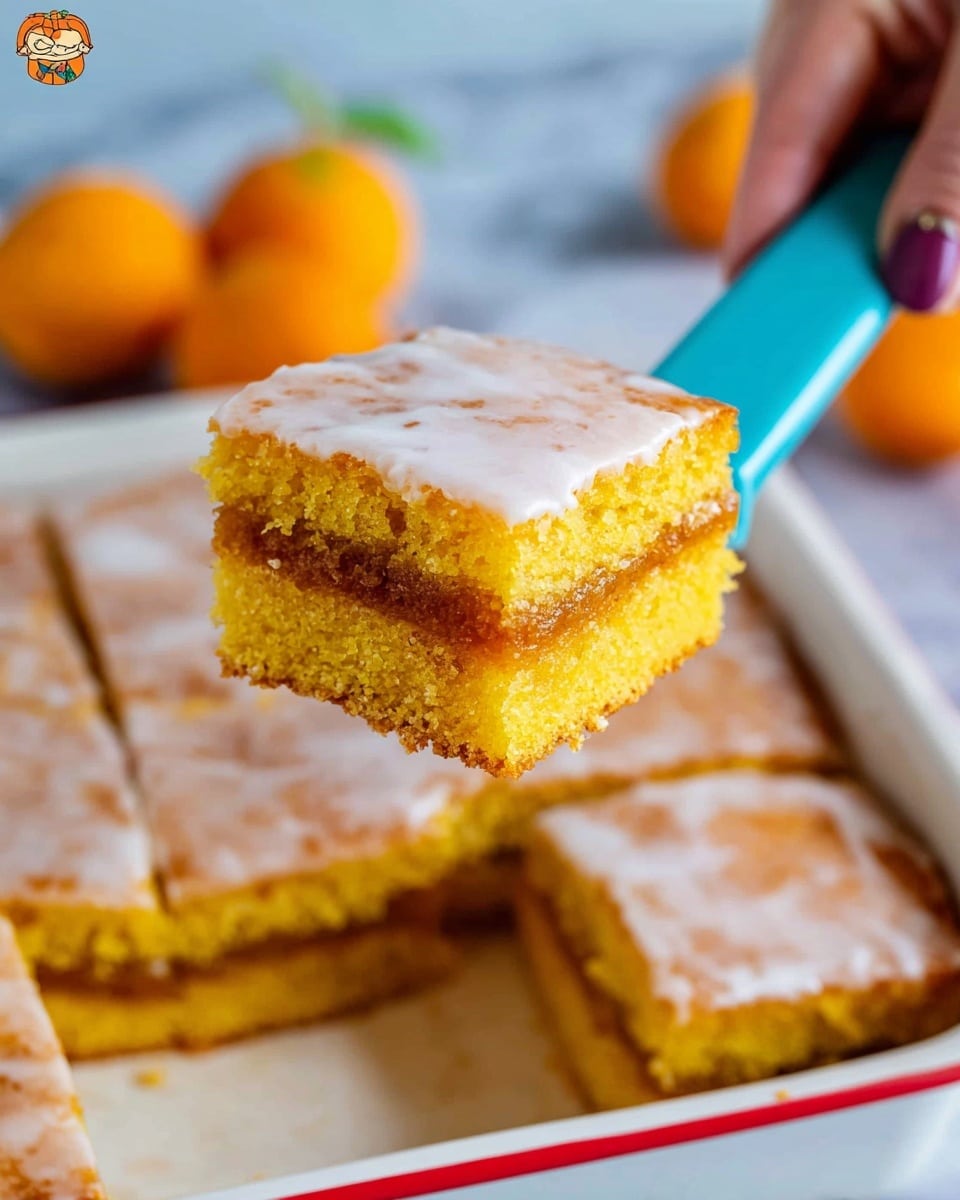 A square piece of orange-yellow cake with two thick layers separated by a dark brown cinnamon swirl layer and topped with a light shiny white glaze. The cake sits on a textured white plate on top of a folded mustard yellow cloth, with a silver fork holding a bite of the cake in front. In the background, there is a glass of milk partially blurred, all on a white marbled surface. Photo taken with an iphone --ar 4:5 --v 7