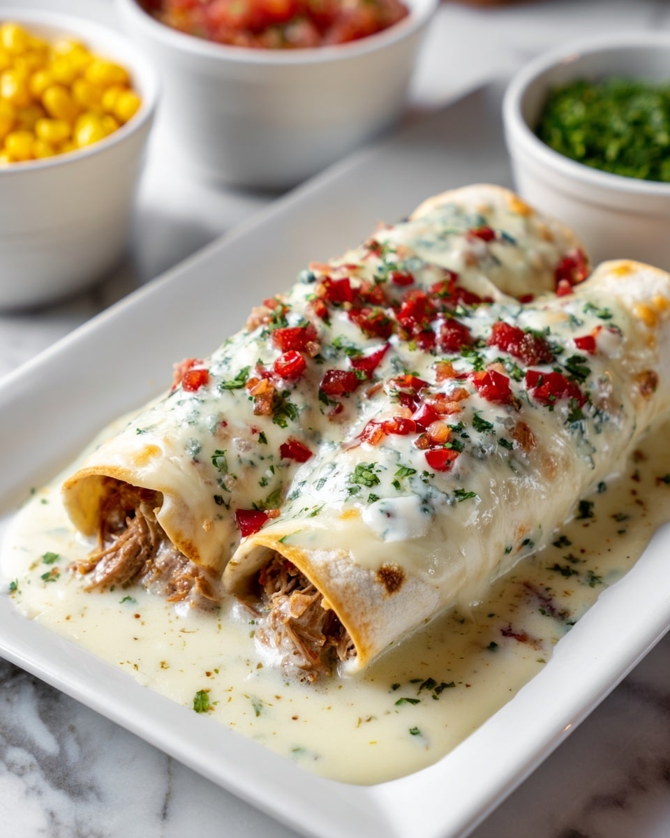 Two rolled tortillas filled with shredded meat and small diced red pieces, covered with a thick creamy white cheese sauce mixed with red and green herbs, lying side by side on a white rectangular plate. The cheese sauce spreads around the base of the tortillas, pooling slightly on the white marbled surface beneath. In the background, slightly out of focus, there are two white bowls, one containing bright yellow corn and the other filled with a red tomato salsa. Photo taken with an iphone --ar 4:5 --v 7