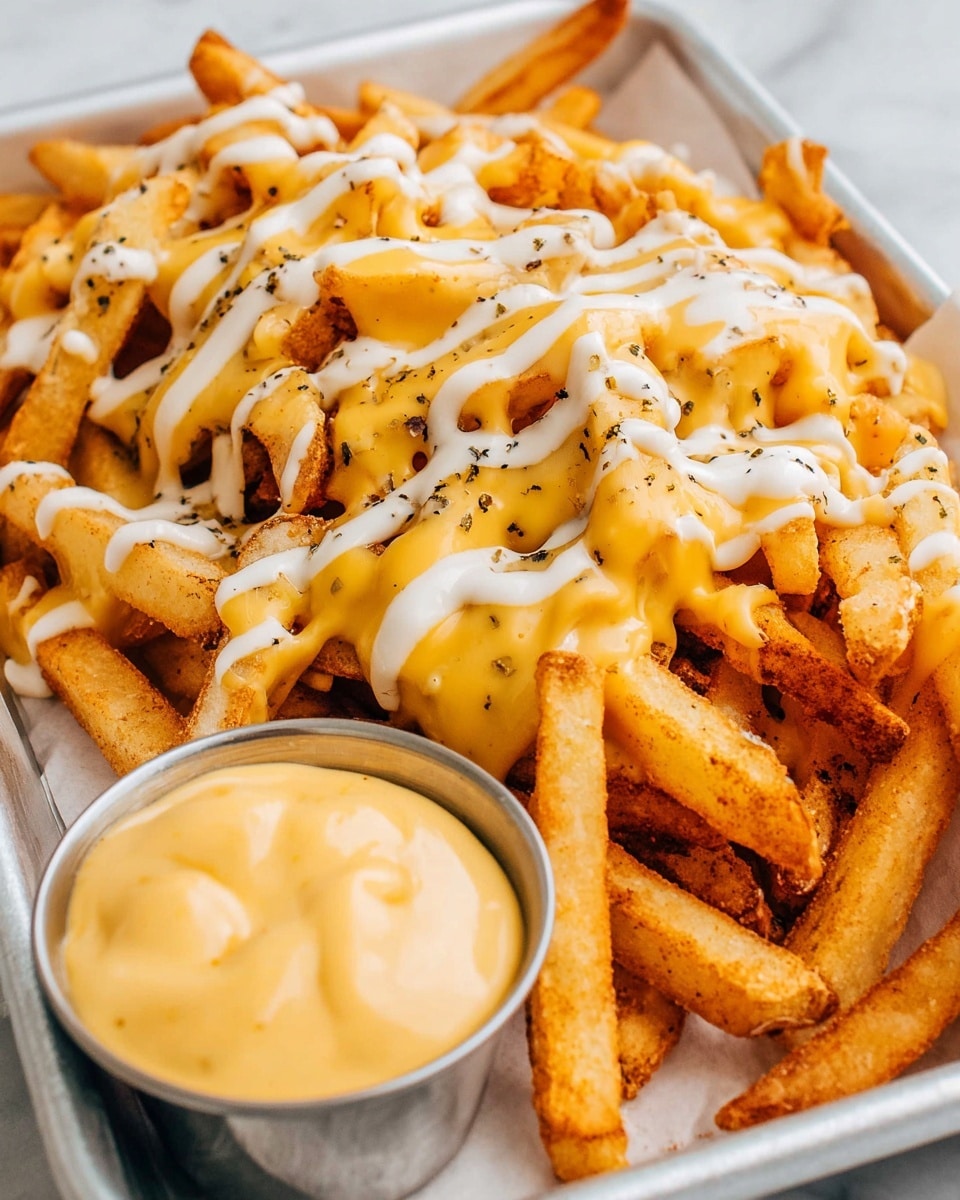 The image shows a white tray filled with crispy golden French fries, topped with melted light yellow cheese sauce and drizzles of a white creamy sauce, sprinkled lightly with black pepper. In front of the fries, there is a small metal container filled with a thick creamy yellow cheese dip. The fries are textured with some darker crispy edges and the sauces add a smooth and glossy look. The background is a white marbled surface. photo taken with an iphone --ar 4:5 --v 7