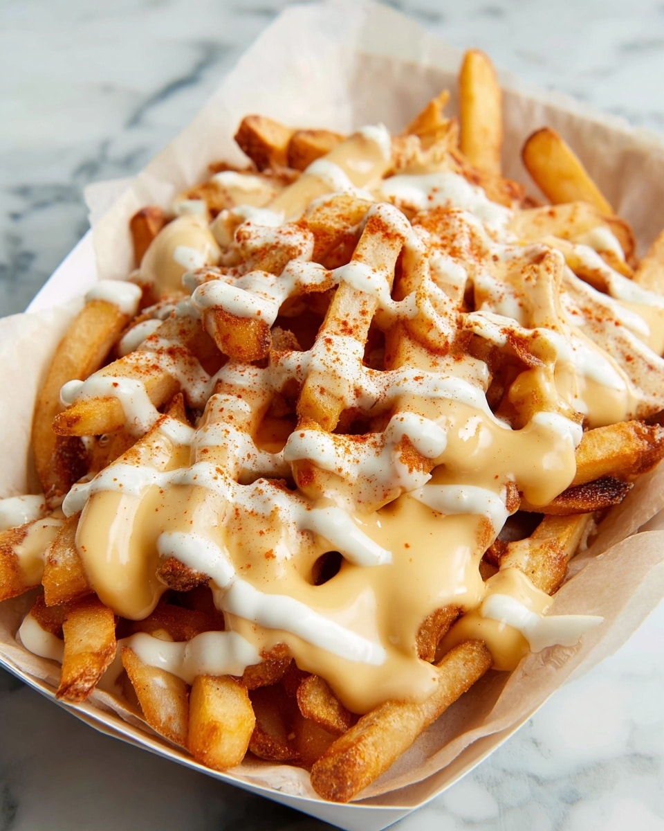 A white paper-lined tray holds a generous pile of golden-brown French fries dusted with a reddish seasoning. The fries are topped with two kinds of sauces: a smooth, pale yellow cheese sauce that covers many fries in thick ribbons, and a white, creamy dressing drizzled unevenly on top. The fries have a slightly crispy texture with some darker edges showing, and the sauces add a glossy, rich look. The tray is placed on a white marbled surface. photo taken with an iphone --ar 4:5 --v 7