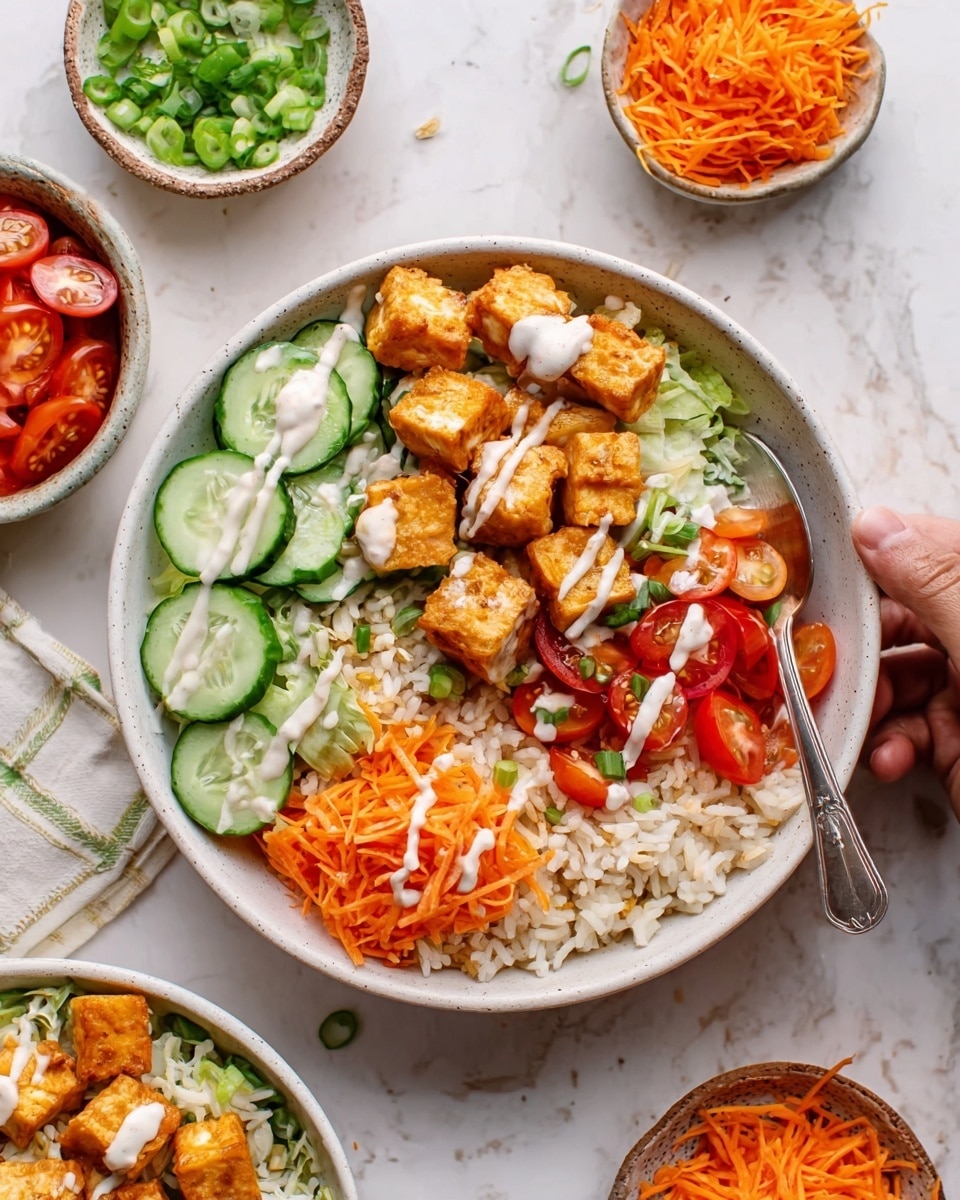 A white bowl filled with a visually appealing dish featuring three main layers. At the bottom is a bed of fluffy white rice, evenly spread across the bowl. On top of the rice are bright orange carrot sticks arranged neatly on one side, contrasting with small bright green chunks of cucumber on the other. The center is covered with dark brown, crispy-looking pieces of fried tofu or tempeh, drizzled generously with a white sauce that adds a creamy texture. Diced green onions are sprinkled on top, adding a fresh pop of color. The bowl rests on a white marbled surface, and a woman's hand holds a spoon dipping into the bowl. photo taken with an iphone --ar 4:5 --v 7