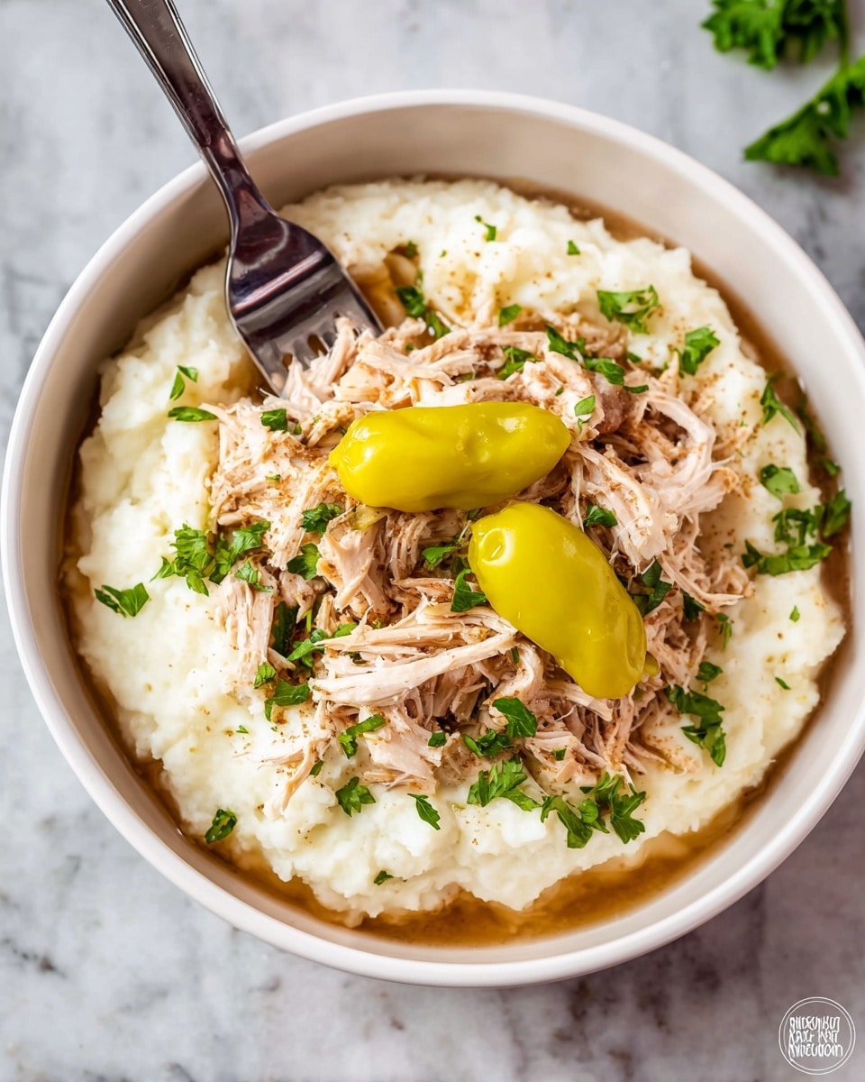 A white bowl shows a layered dish starting with a bottom layer of smooth, creamy white mashed potatoes surrounding the inner edge. On top of the mashed potatoes, shredded light brown pulled chicken fills the center of the bowl, with scattered small green parsley leaves adding color contrast. Two whole, bright yellow pepperoncini are placed on the chicken, one near the middle and another close to the edge. A silver fork is inserted into the chicken near the top left side of the bowl. The bowl is set on a white marbled surface. photo taken with an iphone --ar 4:5 --v 7