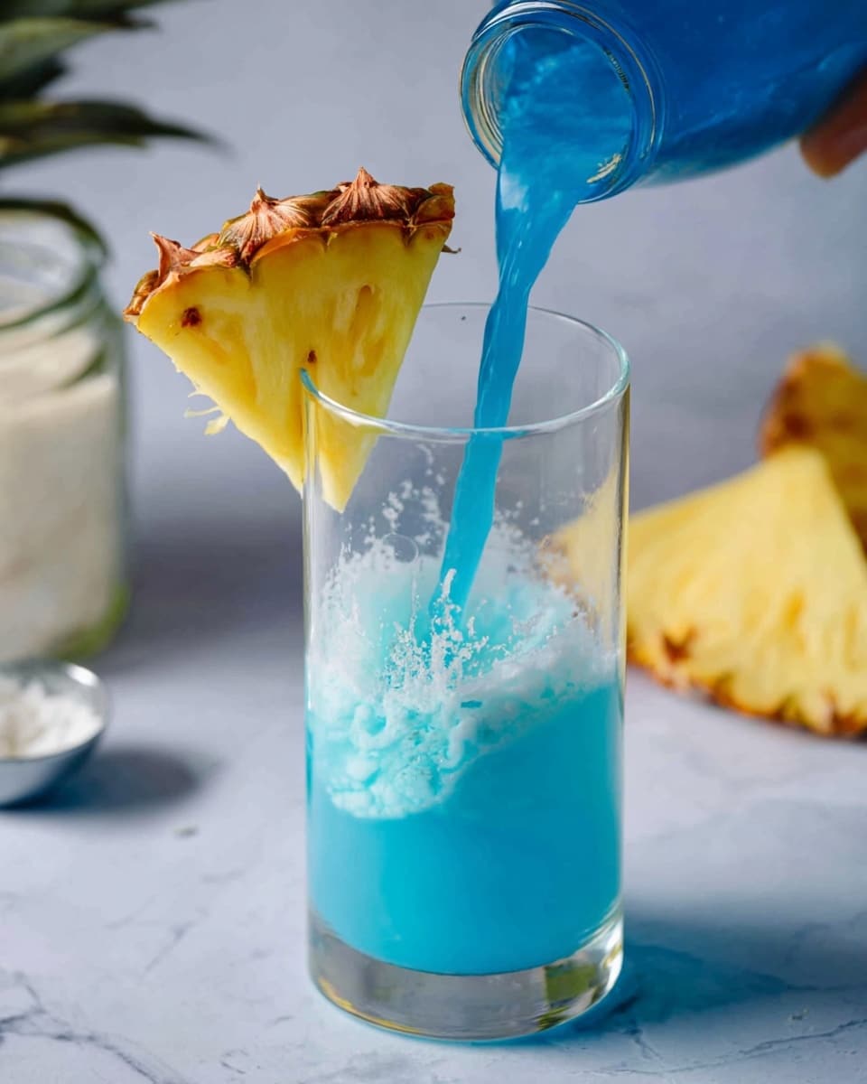 A tall clear glass is being filled with bright blue liquid from a blue container tilted above it; the glass has a fresh yellow pineapple wedge with brown edges perched on its rim. The blue liquid inside the glass has a smooth texture and contrasts with the pineapple topping. The background features a white marbled texture with blurred elements, including a piece of pineapple and a small glass jar with white contents. Photo taken with an iphone --ar 4:5 --v 7