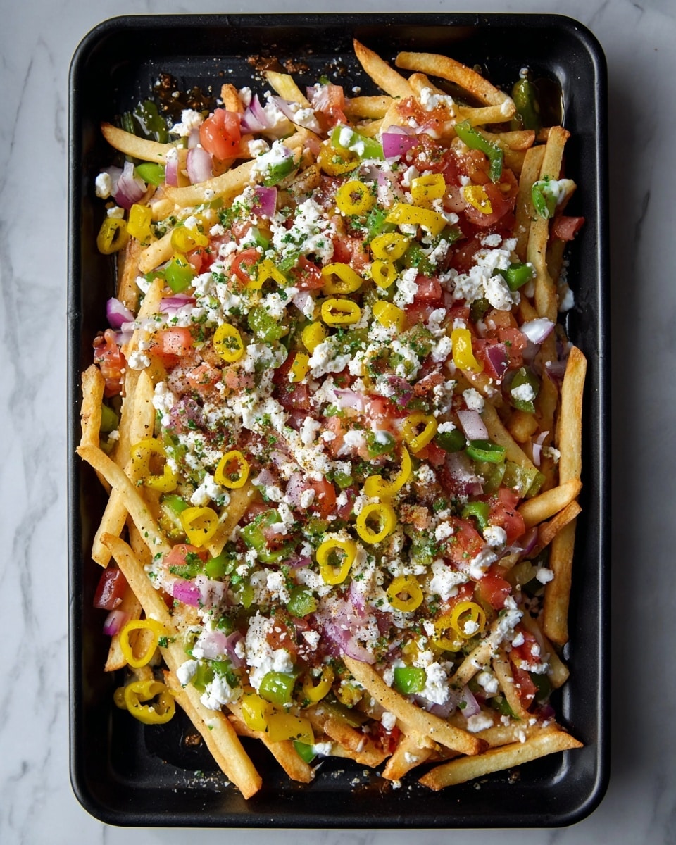 A black tray filled with a base layer of golden, thin French fries that are slightly crispy. On top, a mix of diced green bell peppers, red tomatoes, and purple onions spread evenly, adding bright red, green, and purple colors. Scattered yellow pepper rings are placed throughout the dish. This is topped with white crumbled cheese and drizzles of white creamy sauce. A sprinkle of black pepper is visible across the entire dish. The tray is set on a white marbled surface. Photo taken with an iphone --ar 4:5 --v 7