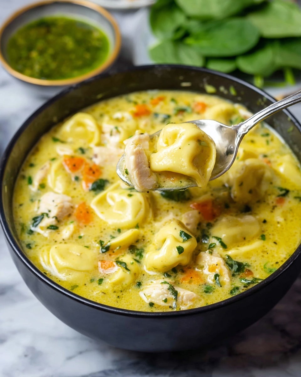 The image shows a close-up of a black bowl filled with creamy yellow soup containing tortellini pasta. The soup has small chunks of white chicken pieces, green spinach leaves, orange carrot bits, and finely chopped herbs, all mixed in the soup's smooth and thick texture. A silver spoon is lifted from the bowl, holding a tortellini piece along with some soup, chicken, and vegetables. In the background, a small round bowl of green sauce and fresh green spinach leaves are slightly blurred on a white marbled surface. Photo taken with an iphone --ar 4:5 --v 7