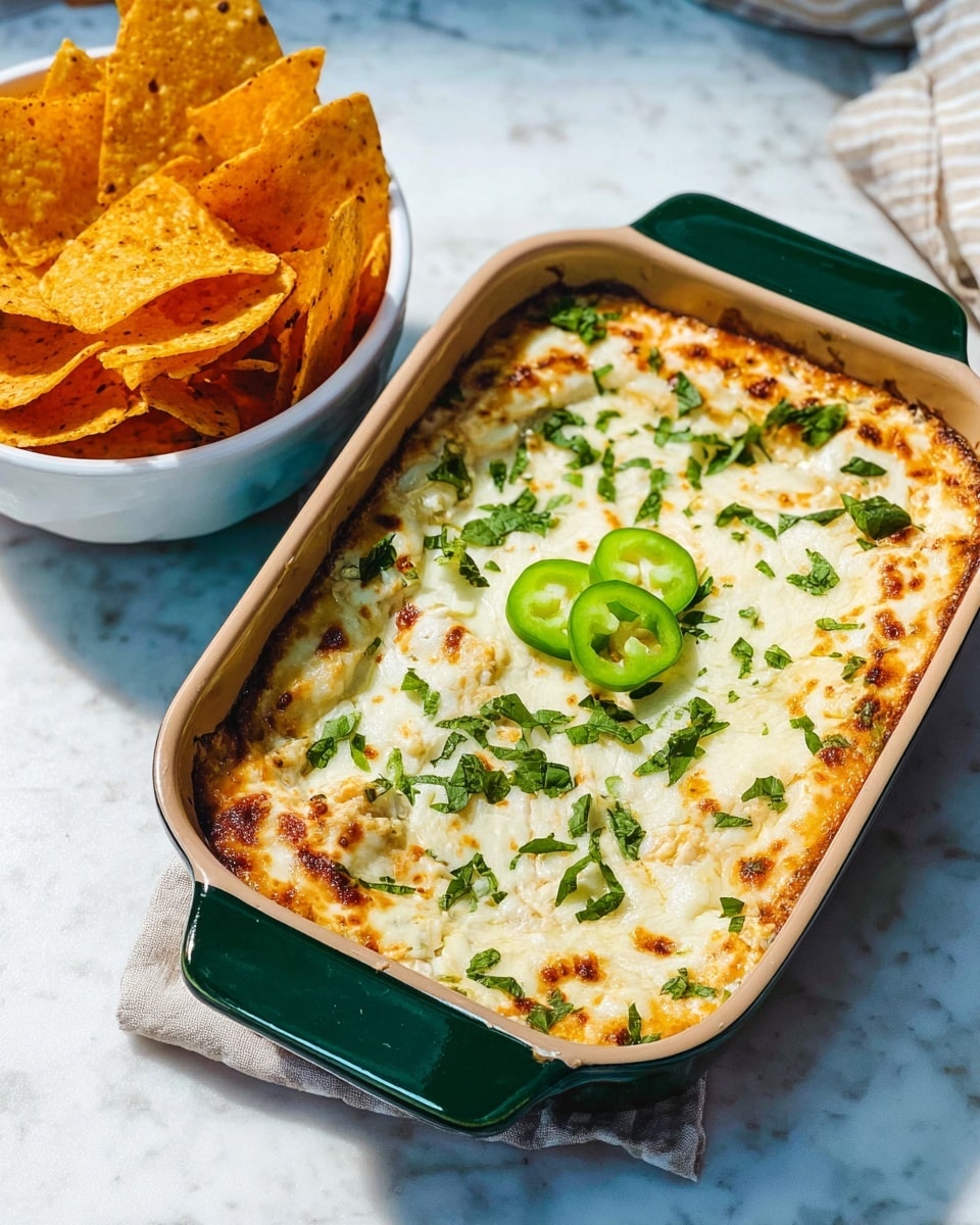 A rectangular dish with a dark green base and light beige interior holds a baked dip. The top layer is melted white cheese with spots of light golden brown from baking, sprinkled with fresh chopped green herbs. There are three light green sliced pepper rings placed in the center. On the side, there is a white bowl filled with golden toasted tortilla chips. The dish and bowl are placed on a white marbled surface for a clean, bright setting. photo taken with an iphone --ar 4:5 --v 7