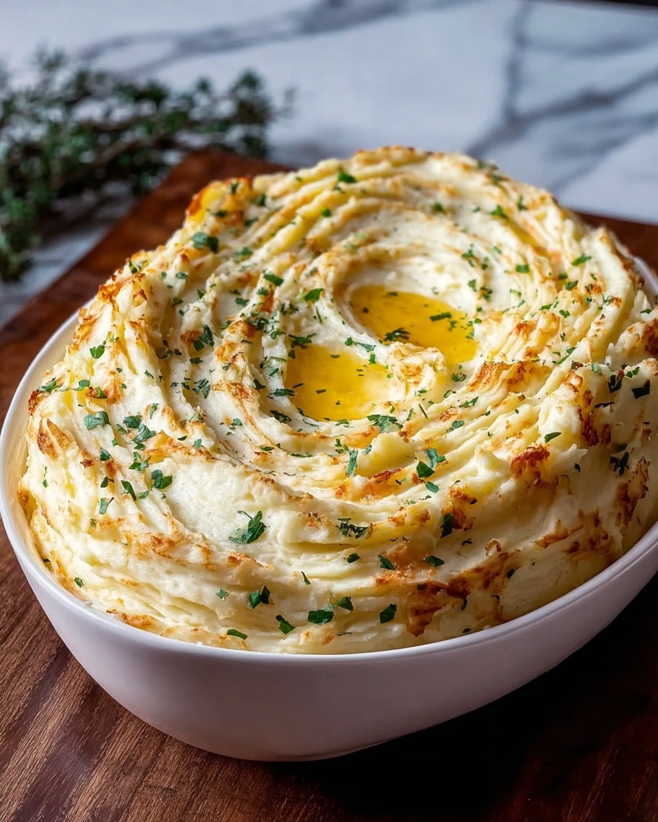 A large, oval-shaped dish filled with creamy mashed potatoes that have a light golden brown color on the ridged, textured surface. The mashed potatoes show multiple swirled layers with a fluffy, whipped texture and some browned spots from baking or broiling. Small green herb pieces, likely parsley, are sprinkled evenly over the top and sides. In the center, there are two swirled indentations filled with melted butter that adds a glossy, yellow sheen. The dish sits on a dark wooden surface with a white marbled texture in the background. Photo taken with an iphone --ar 4:5 --v 7