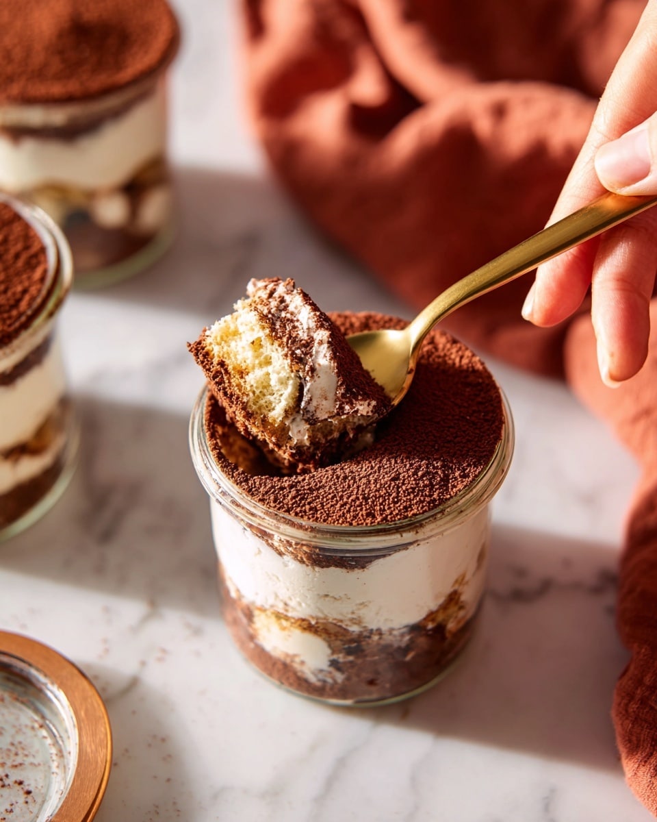 A close-up image showing a glass jar filled with layered tiramisu held by a woman's hand. The top layer is a smooth dusting of dark brown cocoa powder covering a thick white creamy layer beneath. Below the cream is a light brown soaked sponge layer with a soft, porous texture, alternating with more creamy white layers, making about four visible layers inside the jar. A golden spoon holds a bite of tiramisu, showing all layers clearly with the cocoa powder dusted on top. The jar is set on a white marbled surface with a folded rust-colored cloth and another jar of tiramisu in the background. The lighting is bright and natural, emphasizing the creamy and textured layers. photo taken with an iphone --ar 4:5 --v 7