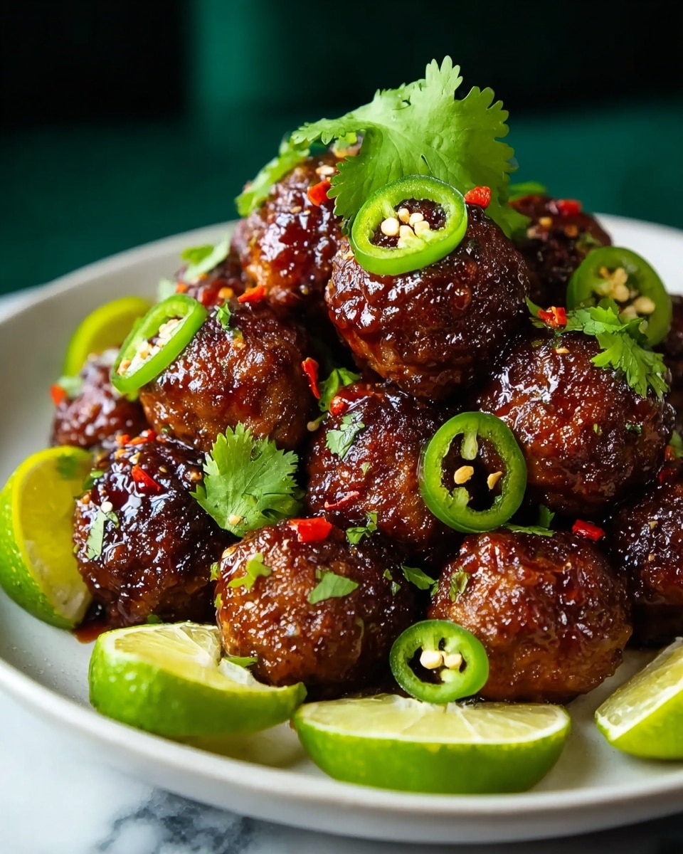 A white plate is filled with a pile of shiny, dark brown meatballs glazed with a sticky sauce. On top of each meatball, there are small green cilantro leaves and thin slices of bright green jalapeno peppers. Red chili flakes are scattered over the meatballs, adding a touch of red color. Around the edge of the plate, there are bright green lime wedges with visible juicy texture. The plate sits on a white marbled surface with a blurred green background. photo taken with an iphone --ar 4:5 --v 7