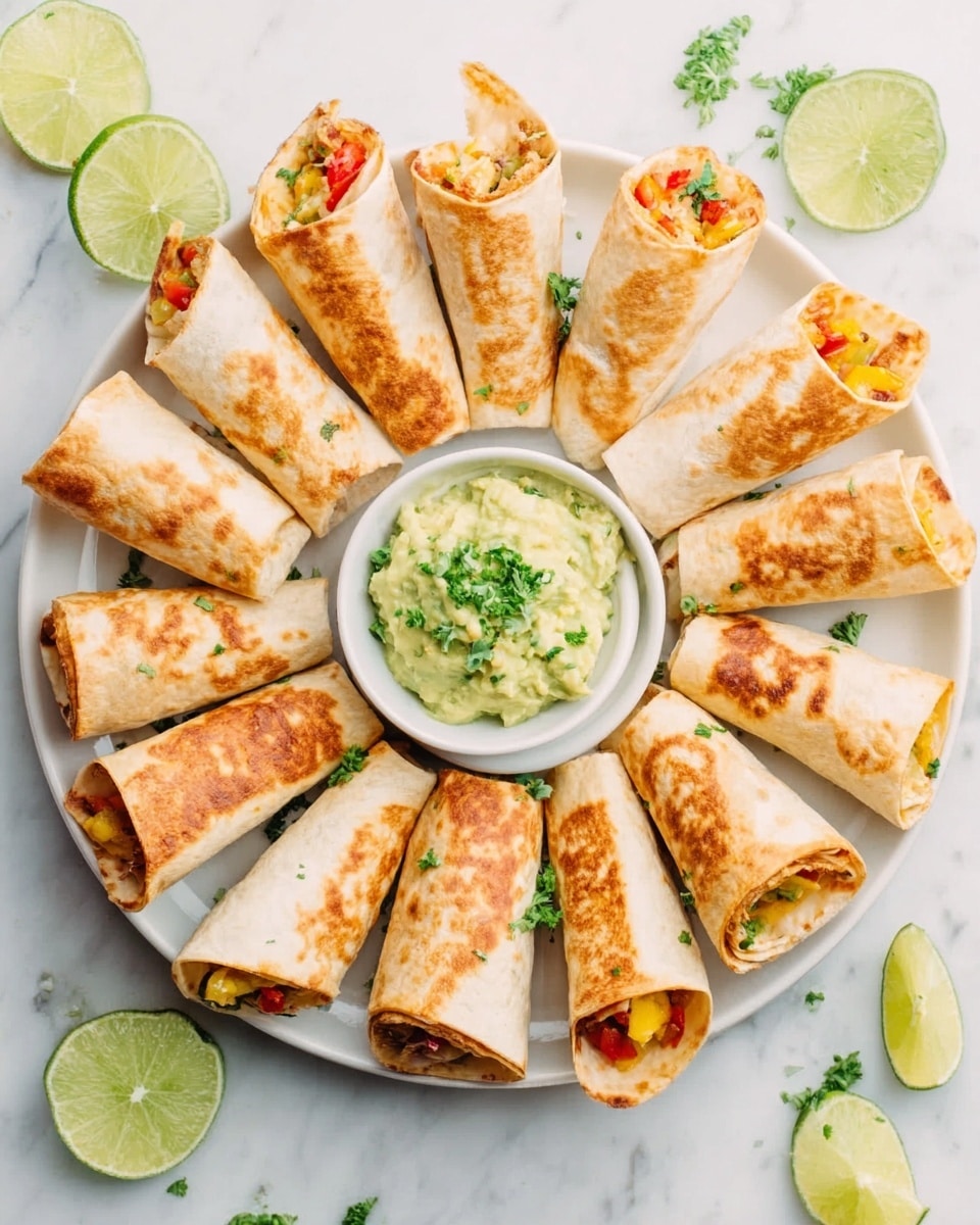 A white plate is placed on a white marbled surface and arranged with ten browned, toasted burritos forming a circle. Each burrito has a golden outer layer with some crispy brown spots, showing a soft and slightly textured tortilla wrap. Inside the circle, there is a small bowl of creamy, pale green guacamole topped with finely chopped green herbs. The burritos' ends show bits of colorful filling with red, yellow, and green shades, hinting at vegetables and meat inside. Lime wedges are scattered around the plate, adding bright green contrast, and a woman's hand is holding one burrito at the edge of the image. The overall look is fresh, vibrant, and inviting. photo taken with an iphone --ar 4:5 --v 7