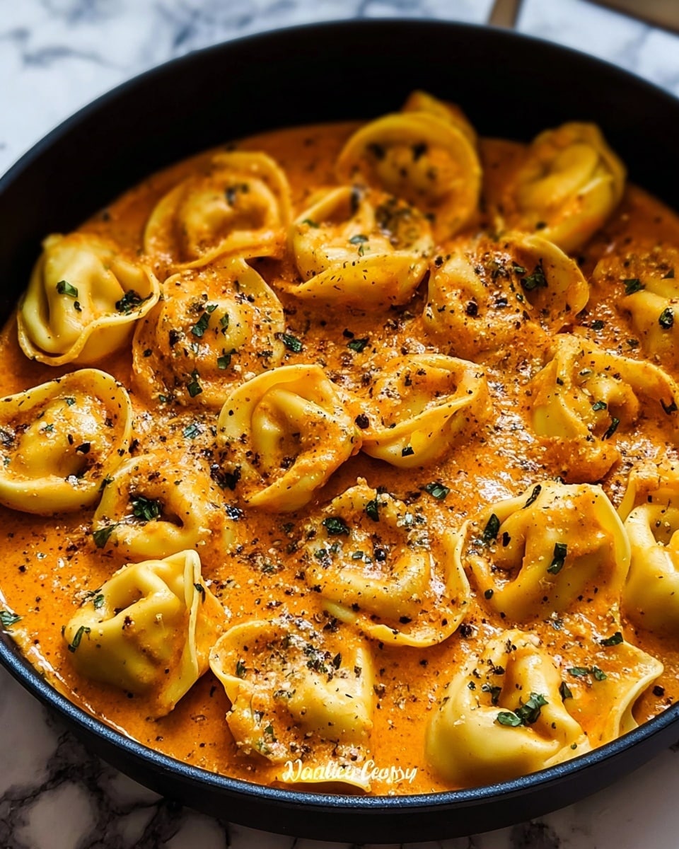 A close-up view of a deep black pan filled with creamy orange-red sauce at the base, topped with a layer of cooked tortellini pasta that has a light yellow color and smooth texture. The tortellini are coated in the sauce and sprinkled with small green herb pieces and a dusting of black pepper or spice, creating a mix of colors and textures. The sauce looks rich and creamy with a slightly glossy finish, filling the spaces between the pasta. The background is changed to a white marbled texture. photo taken with an iphone --ar 4:5 --v 7