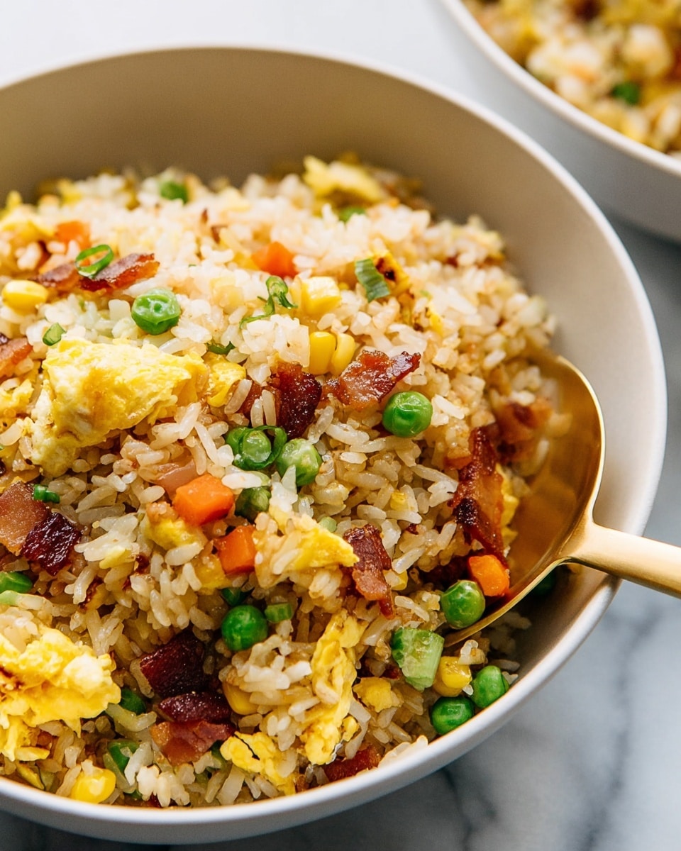 A close-up view of a bowl filled with fried rice shows several layers and colors. The base layer is light brown cooked rice mixed evenly with small orange carrot cubes, green peas, and yellow corn kernels making colorful spots throughout. Scattered on top are small pieces of scrambled egg with a soft yellow hue and some crispy dark brown bacon bits adding rich texture. The bowl is white with a smooth matte finish and there is a gold spoon resting inside, partly covered by the fried rice. The background and surface have a white marbled texture. photo taken with an iphone --ar 4:5 --v 7