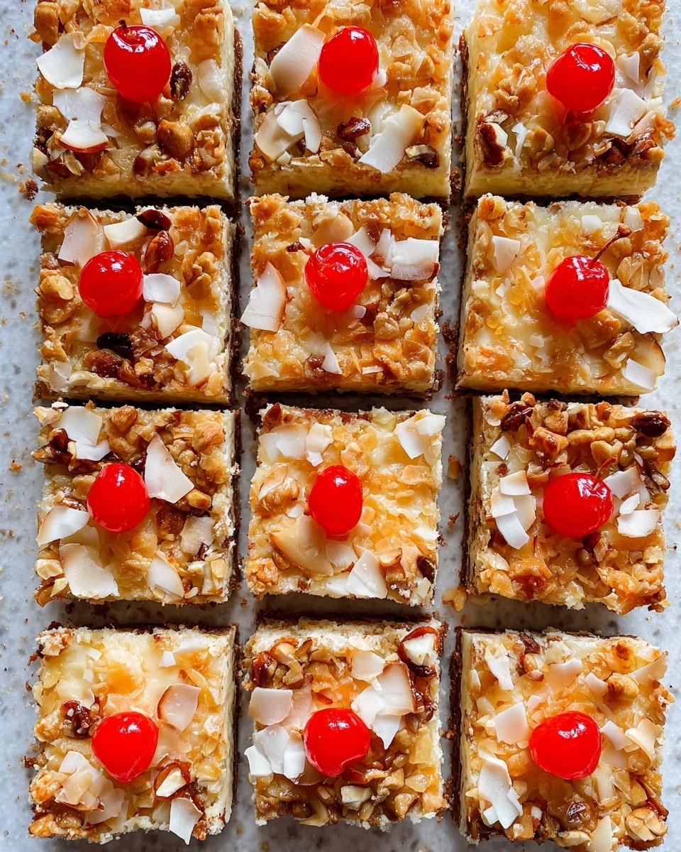 The image shows twelve square dessert bars arranged in a 3 by 4 grid on a white marbled surface. Each bar has a crunchy top layer with a mix of chopped nuts and golden-brown coconut flakes, giving a rough texture with different shades of cream, light tan, and golden brown. Each square is decorated with one bright red cherry placed near the center on the top, adding a pop of color. The bars have visible thickness and are cut cleanly with slightly crumbly edges. photo taken with an iphone --ar 4:5 --v 7