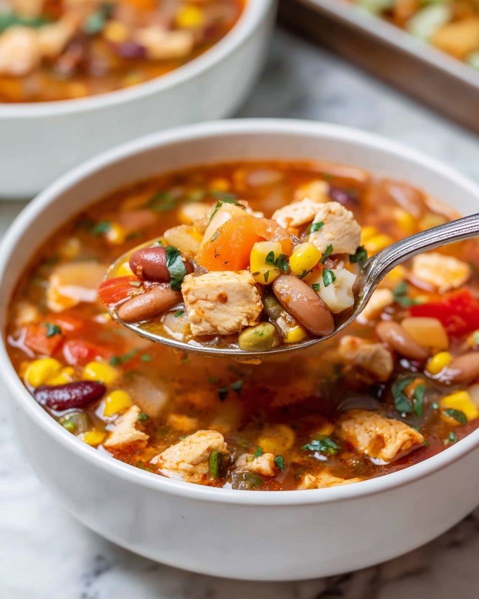 A white bowl filled with a colorful chicken and bean soup sits on a white marbled surface. The soup has chunks of cooked chicken with a light brown cooked texture, brown beans, yellow corn kernels, small orange carrot pieces, red bell pepper pieces, small bits of white onion, and green herbs mixed in a reddish broth. A spoon is lifting a portion of the soup, showing a close-up of a piece of chicken, corn, beans, onion, and peppers. In the blurred background, another white bowl with food is partially visible. Photo taken with an iphone --ar 4:5 --v 7