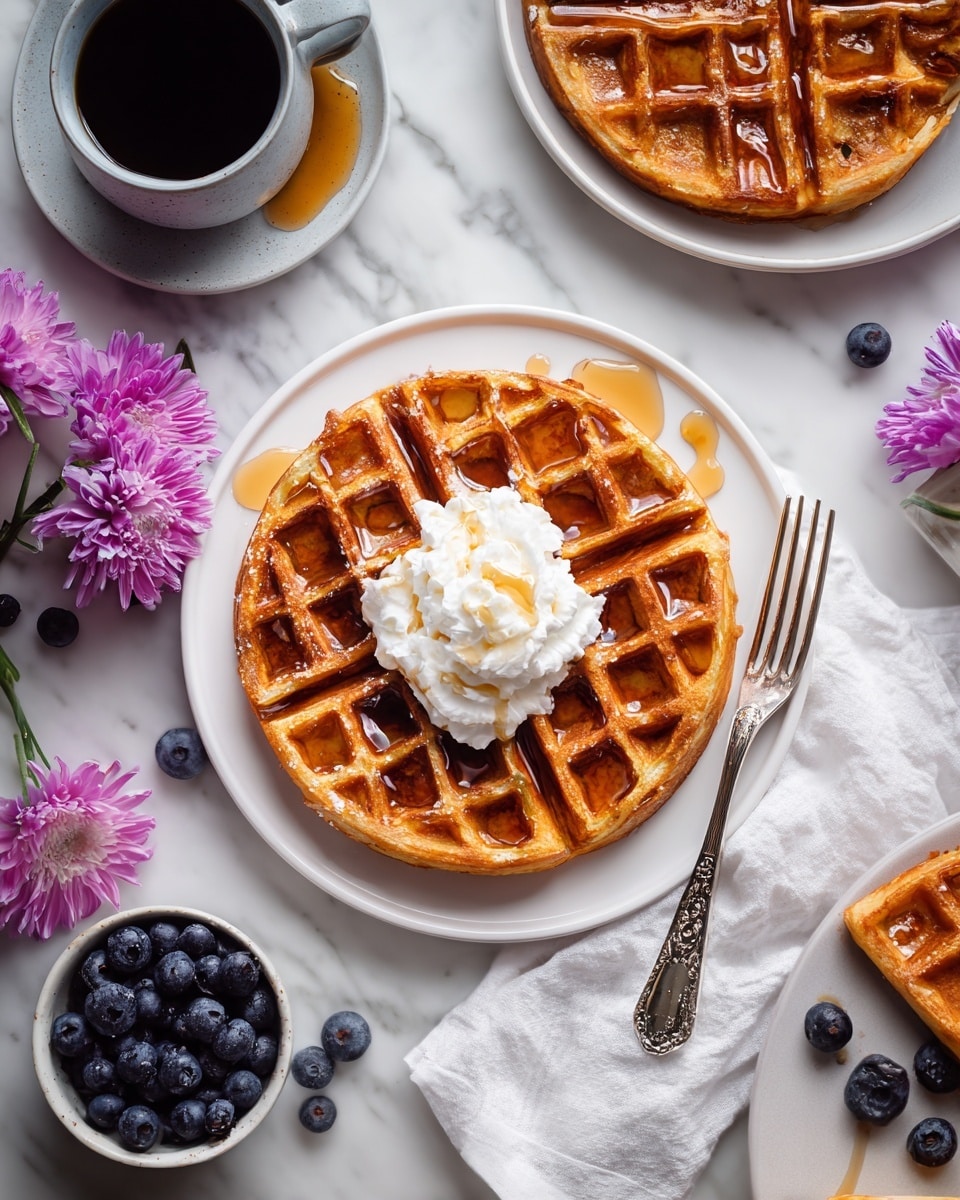 A golden-brown waffle sits on a white plate, divided into four thick quarter sections with syrup pooled in the square pockets; on top of the waffle is a dollop of white whipped cream with a light drizzle of syrup. To the right of the plate, an ornate silver fork rests on a white cloth. Above the plate, a small white bowl is filled with deep blue blueberries. Partially visible in the top right corner is another plate with two more waffles. In the top left corner, there is a gray ceramic cup of black coffee on a white plate with syrup spilled beside it. Purple and pink flowers lay on the white marbled textured surface to the left. Photo taken with an iphone --ar 4:5 --v 7