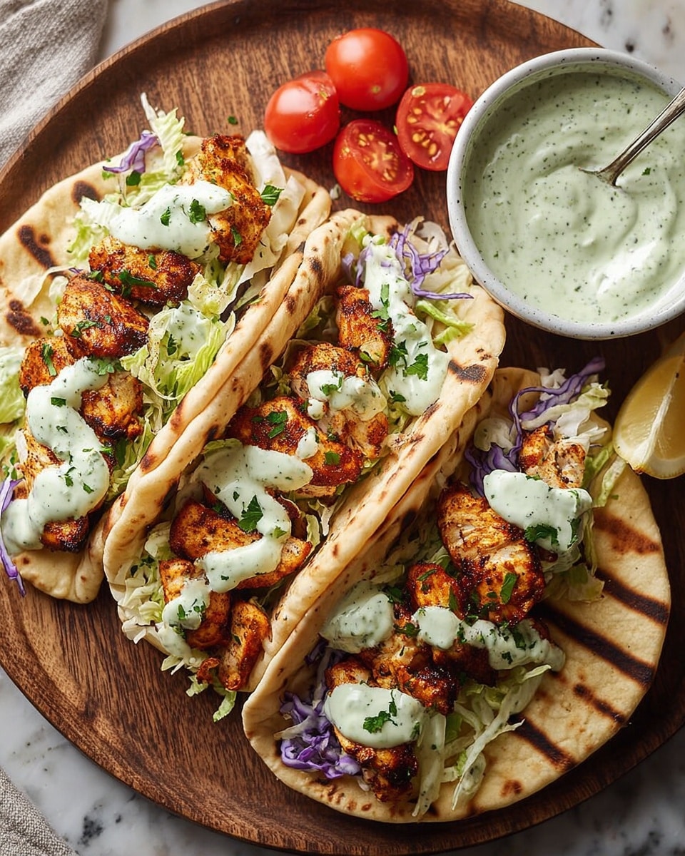 The image shows three grilled chicken wraps placed on a round wooden plate with a white marbled texture surface underneath. Each wrap has a thick flatbread base with light brown grill marks, folded over layers of shredded green and purple lettuce, and golden-brown grilled chicken pieces with a slightly charred texture on top. They are drizzled with a light green creamy sauce and garnished with small green herb leaves. There are a few halved red cherry tomatoes on the side and a white bowl filled with the same green creamy sauce with a spoon inside. Photo taken with an iphone --ar 4:5 --v 7