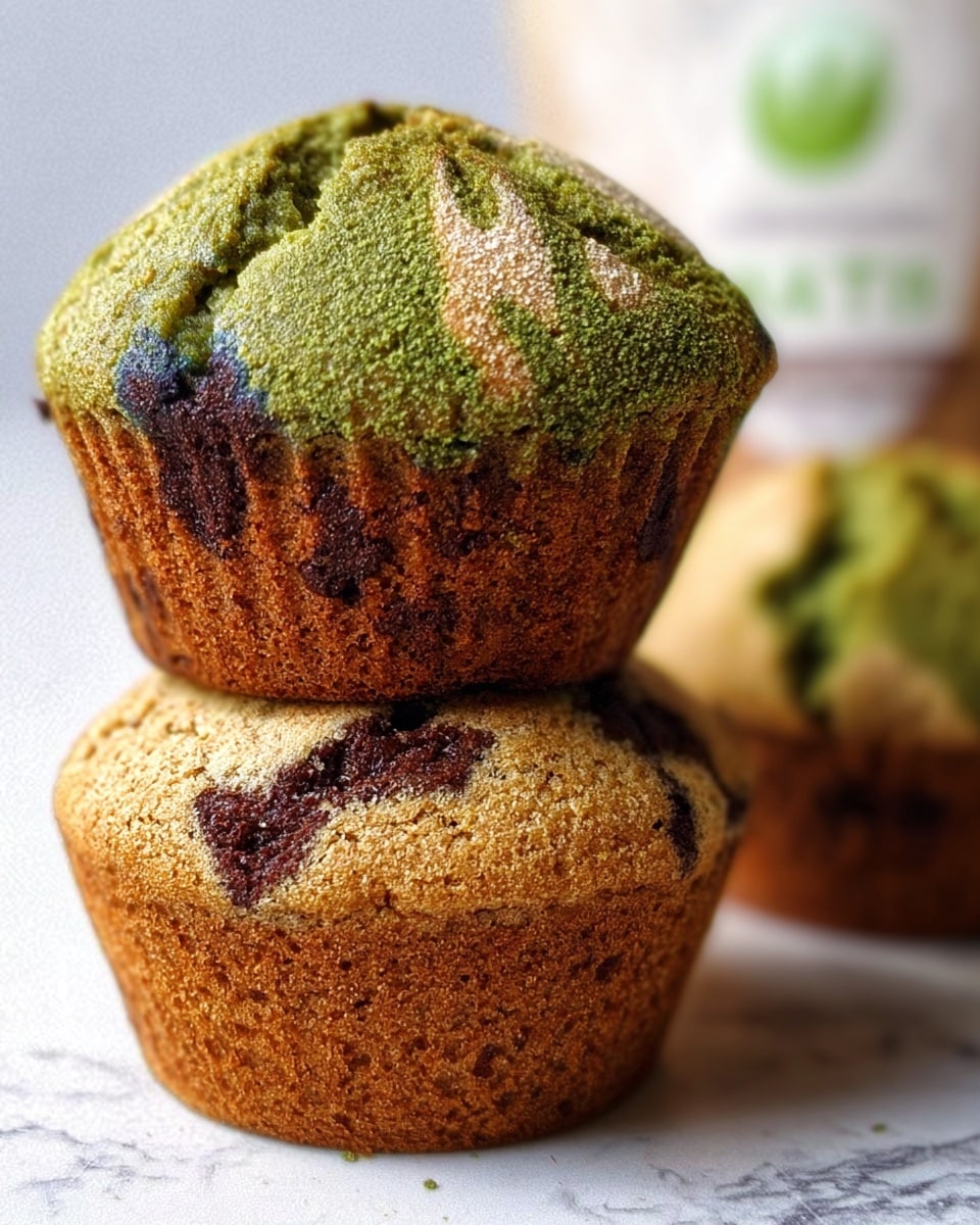 The image shows a close-up of a muffin with two visible layers: the bottom layer is a textured brown cake with small dark spots, while the top layer is a cracked green and beige dome with a rough sugary surface and darker green swirls. The muffin is placed on top of another muffin with a similar green and beige cracked top layer. The background is a white marbled texture with a blurred packaging visible behind. A woman's hand is not present in this image. Photo taken with an iphone --ar 4:5 --v 7