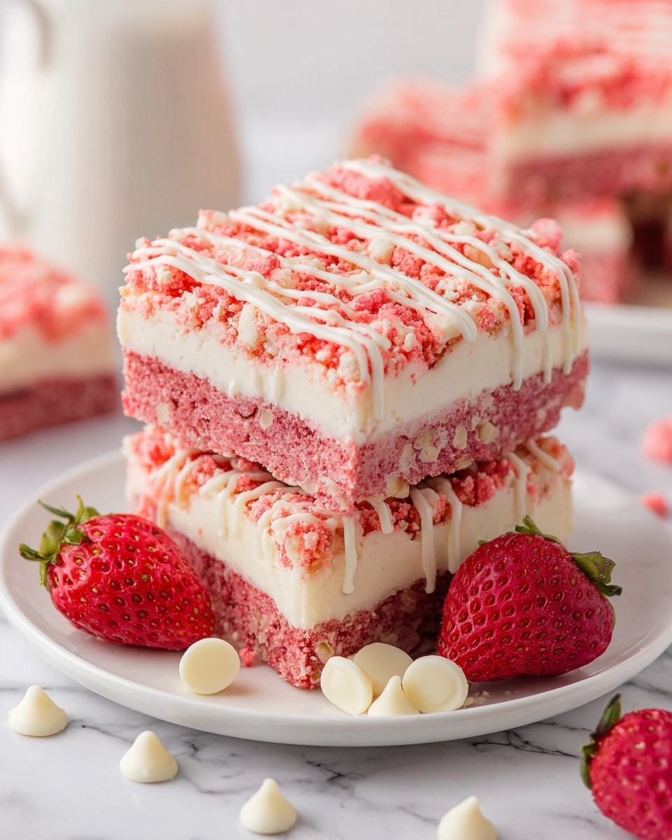 The image shows two square dessert bars stacked on a white plate with a white marbled surface underneath. Each bar has three visible layers: a bottom pink layer with a dense texture mixed with small white bits, a thick middle white creamy layer, and a crumbly top layer in bright pink with small chunks. White drizzle decorates the top crumbly layer in wavy lines. A halved fresh red strawberry with visible seeds sits on the plate next to the bars, along with scattered white chocolate chips. The background has a blurred white pitcher and more dessert bars. Photo taken with an iphone --ar 4:5 --v 7