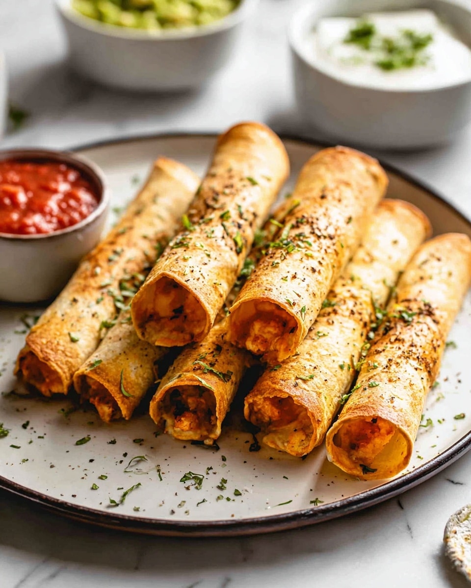 The image shows six golden-brown rolled tortillas placed close to each other on a round white plate with a thin dark rim. Each roll is filled with a creamy, slightly reddish mixture, slightly visible at the open ends, and sprinkled with small green herb pieces and black pepper on top. To the left side of the plate, there is a small bowl filled with vibrant red salsa, and in the blurred background, two white bowls are seen—one containing bright green guacamole and the other with a white sauce. The plate is set on a white marbled surface. photo taken with an iphone --ar 4:5 --v 7